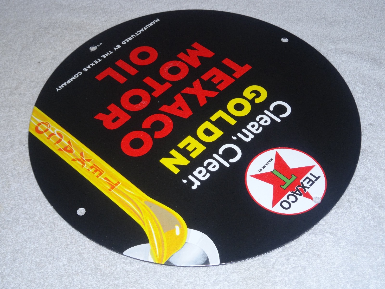 VINTAGE 1948 CLEAN, CLEAR TEXACO MOTOR OIL 11 3/4" PORCELAIN METAL GASOLINE SIGN