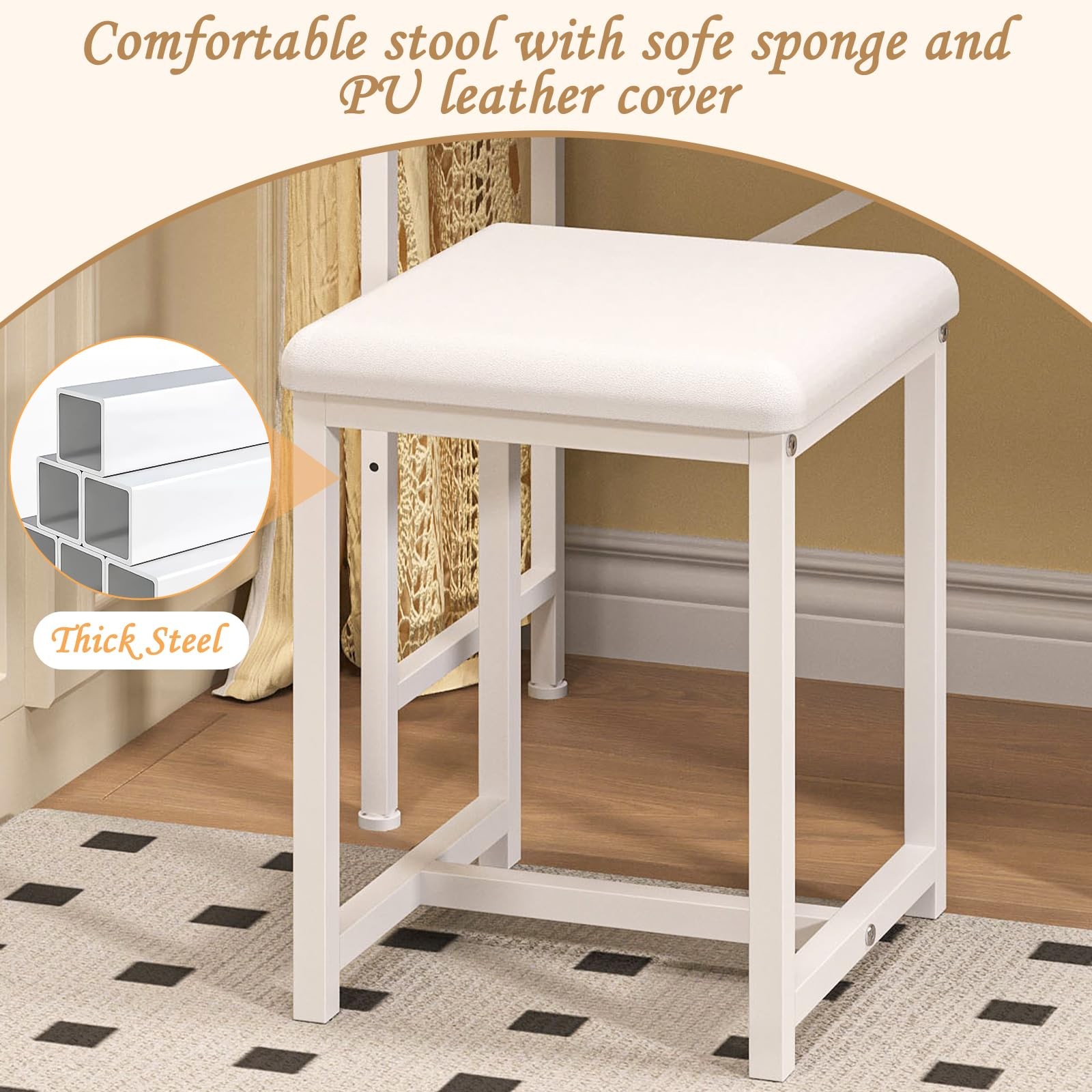 Small Makeup Vanity Desk with Mirror & Chair, Table Set W/ Fabric Storage Drawer