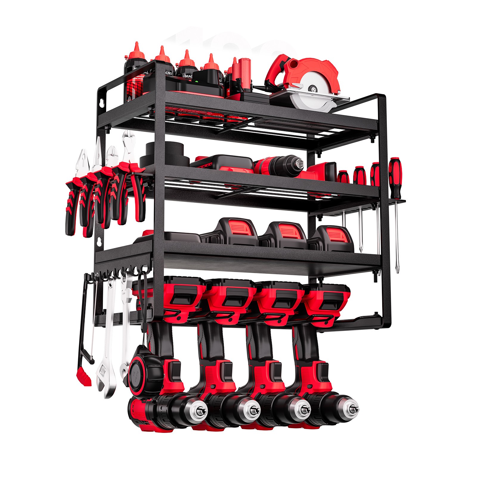 VEVOR Power Tool Organizer Wall Mount 4-Layer Drill Storage Rack 4 Drill Holders
