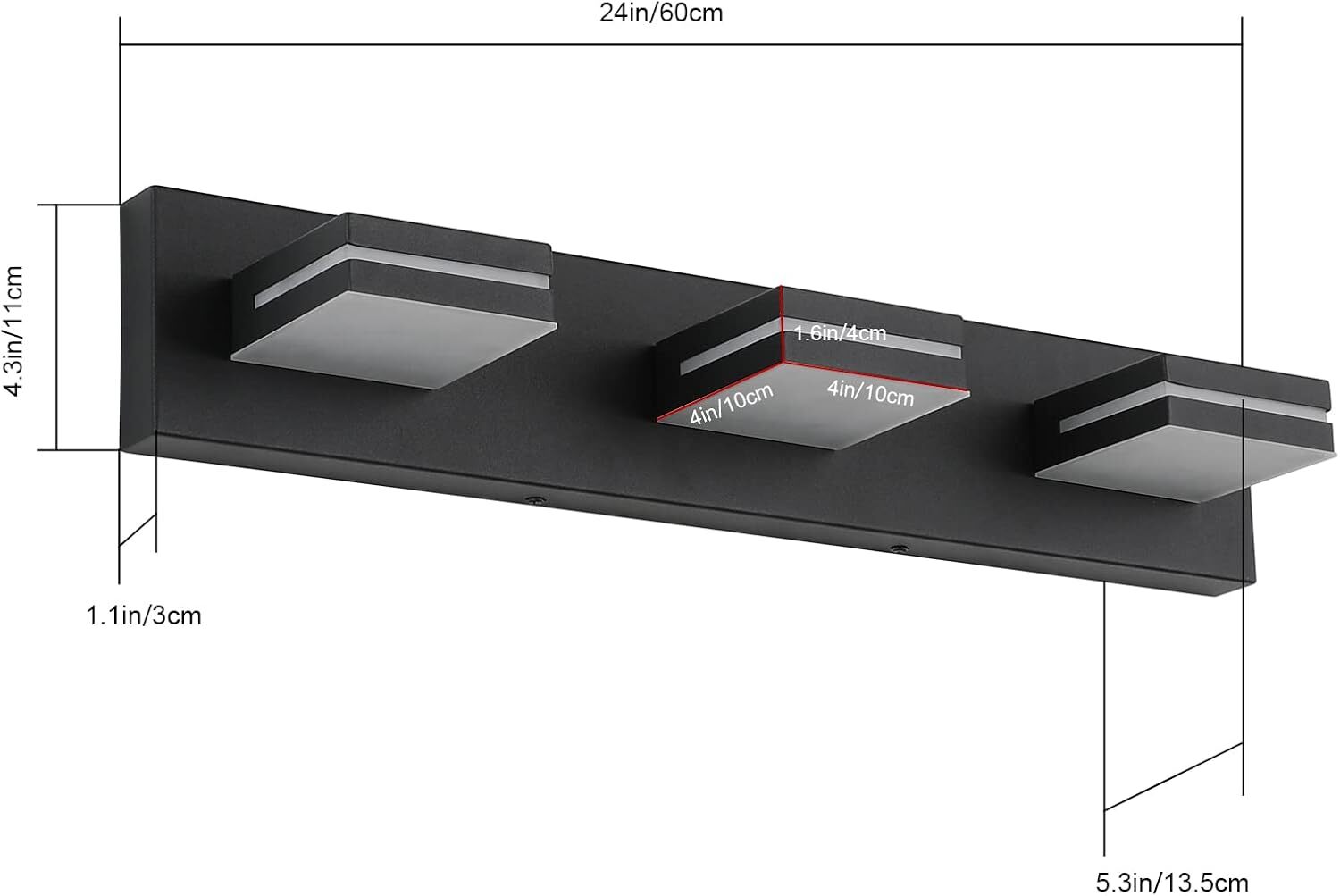 LED Bathroom Vanity Light Fixture 3-Light 24" Matte Black Over Mirror 6000K New