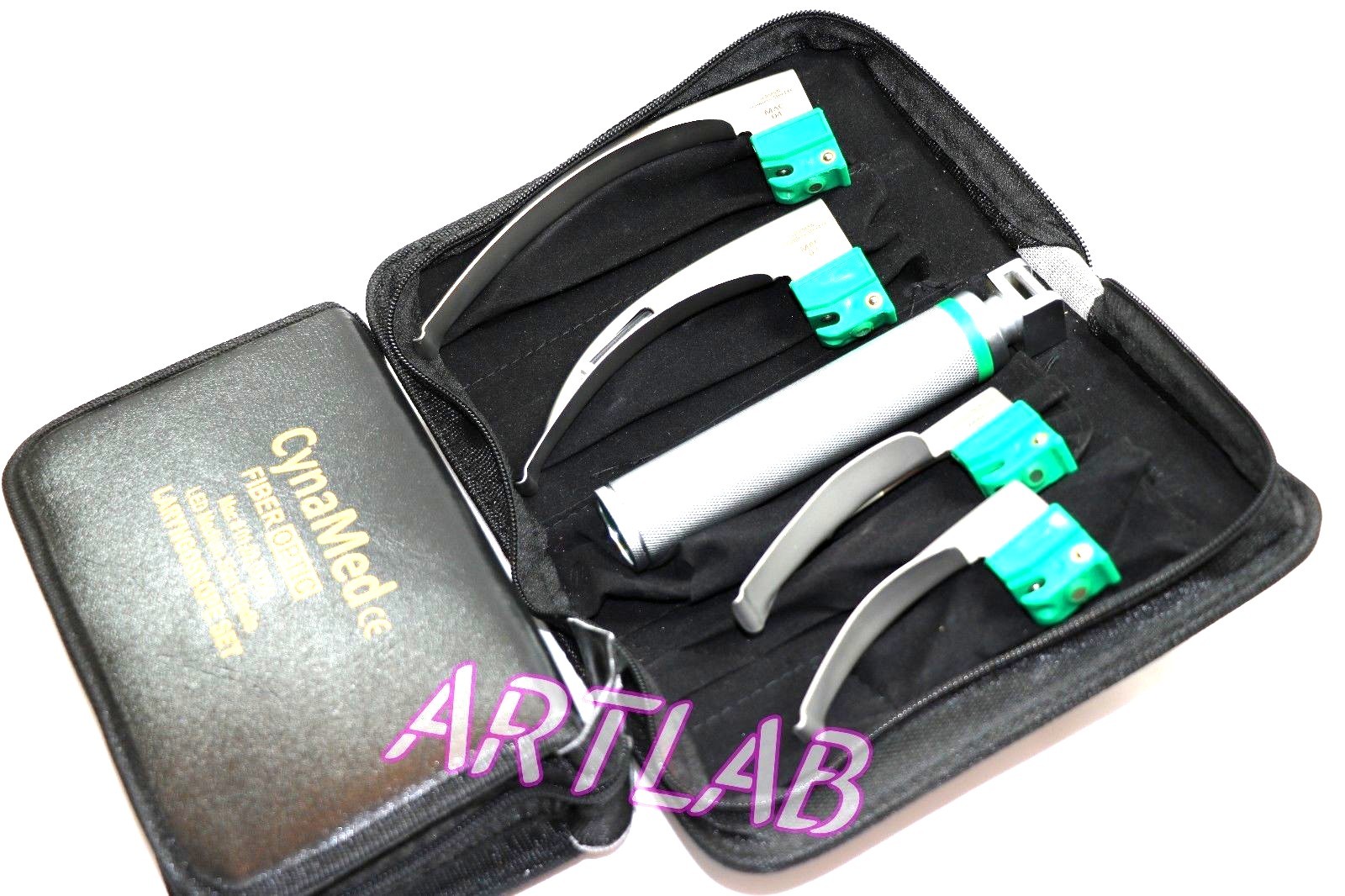 FIBER-OPTIC LARYNGOSCOPE SET OF 4 INTUBATION BLADES 1,2,3,4 + MEDIUM HANDLE