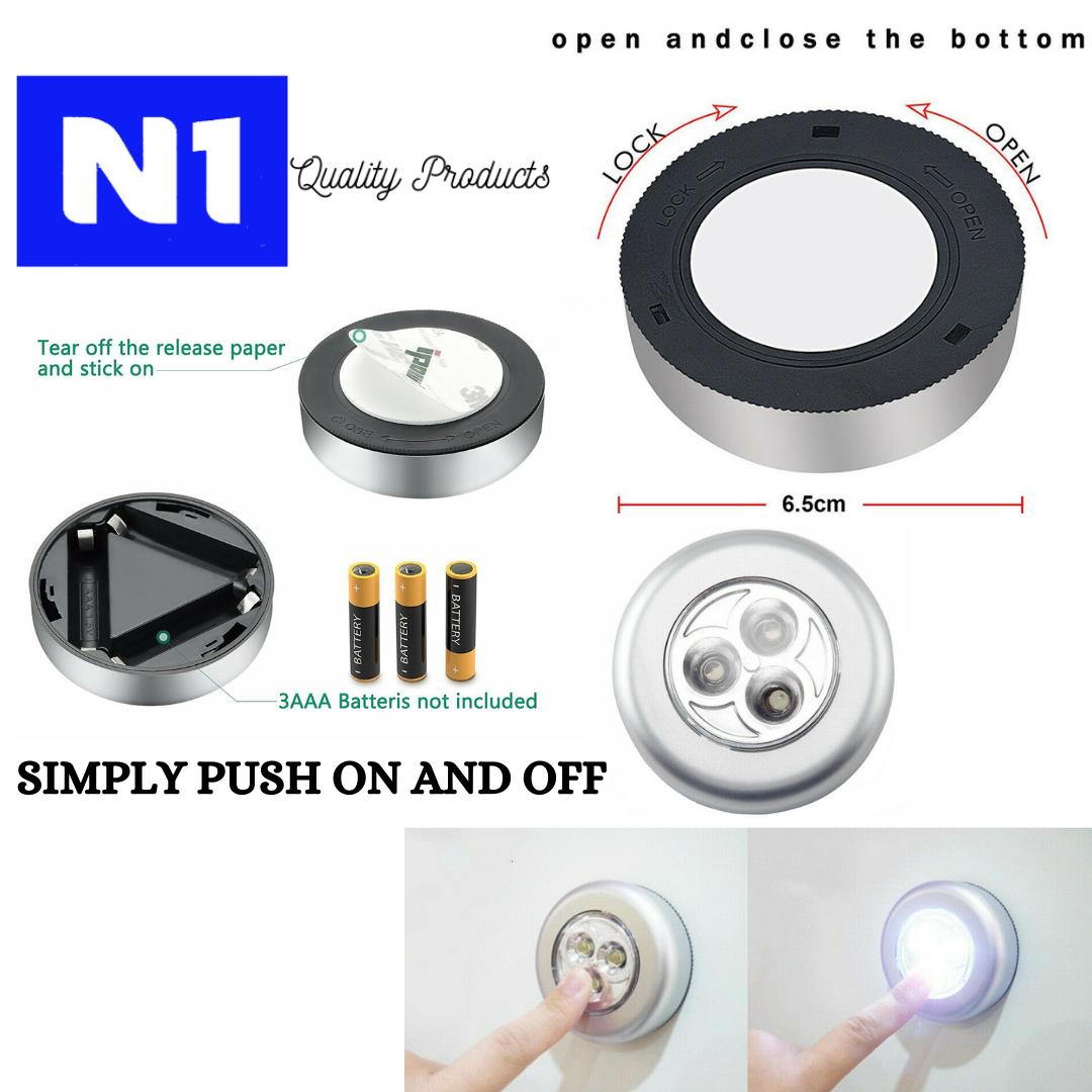 3 LED Touch Push On Off Light Self-Stick On Click Battery Operated Lights