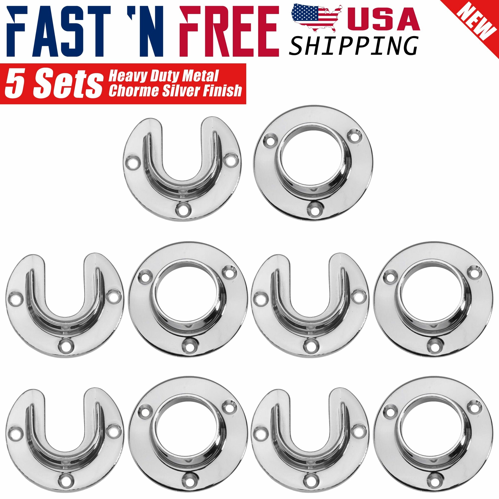 5x Heavy Duty Stainless Steel Closet Pole Sockets Rod End Support Chrome Silver