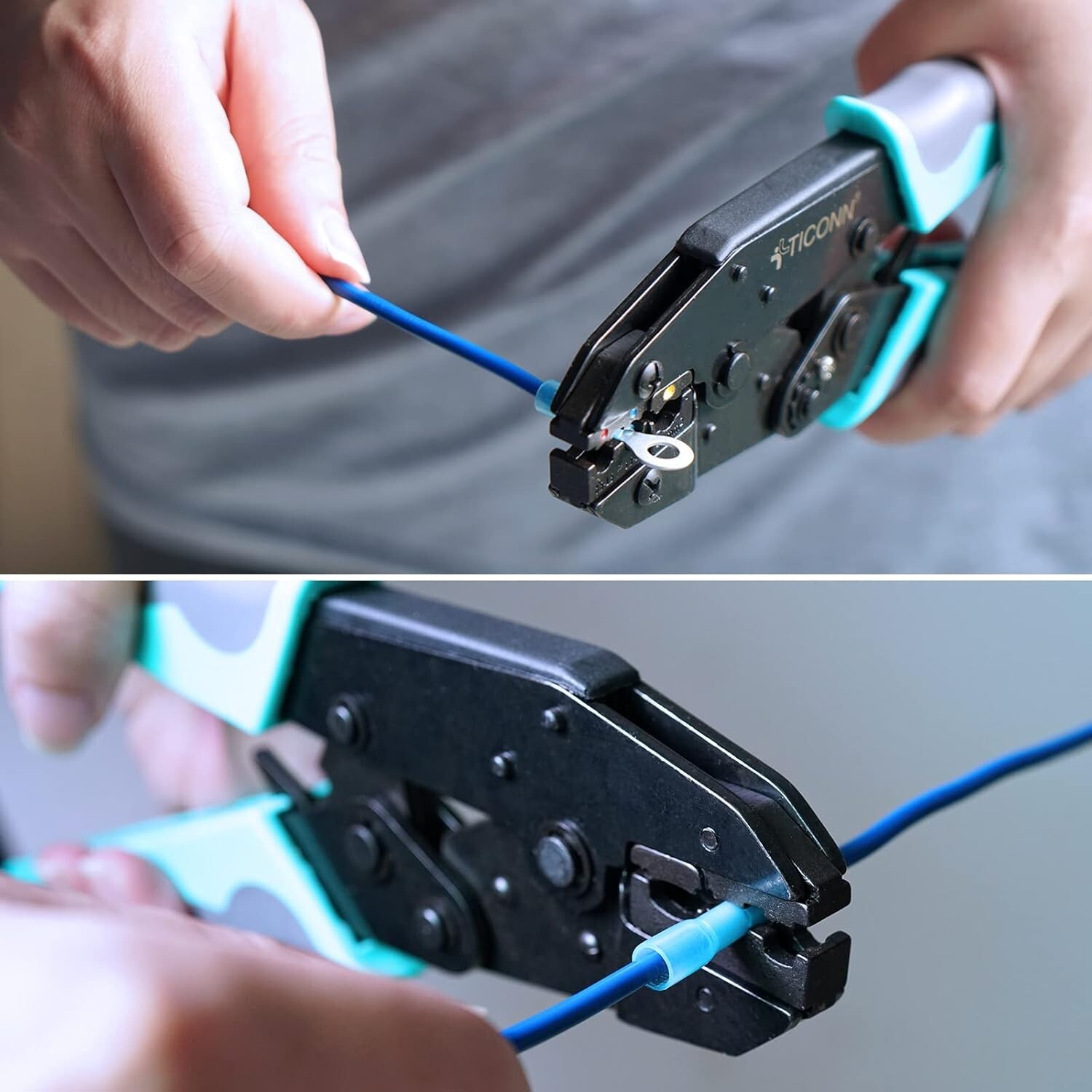 Crimper Tool with Dual-Color Handle for Heat Shrink Connectors - Ratcheting Wire