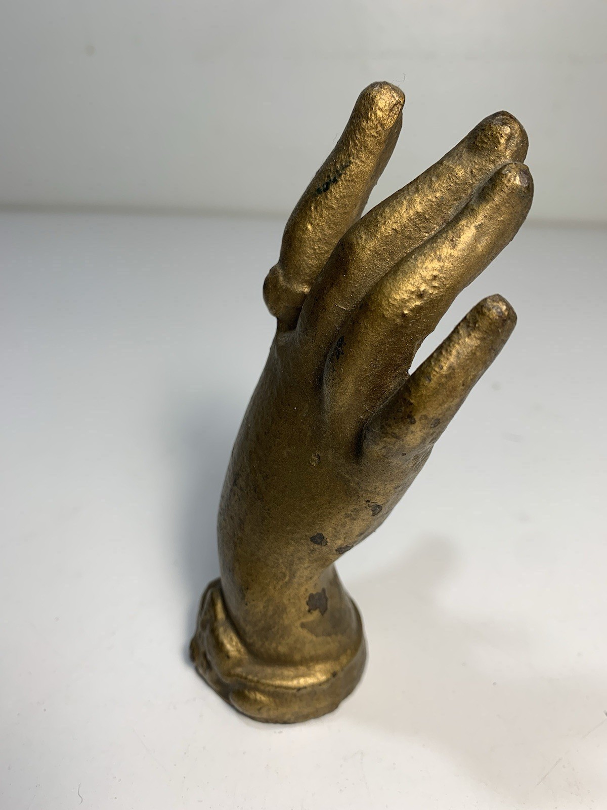Antique Solid Cast Iron Paperweight Figurative Hand Sculpture Gold Gild Vintage