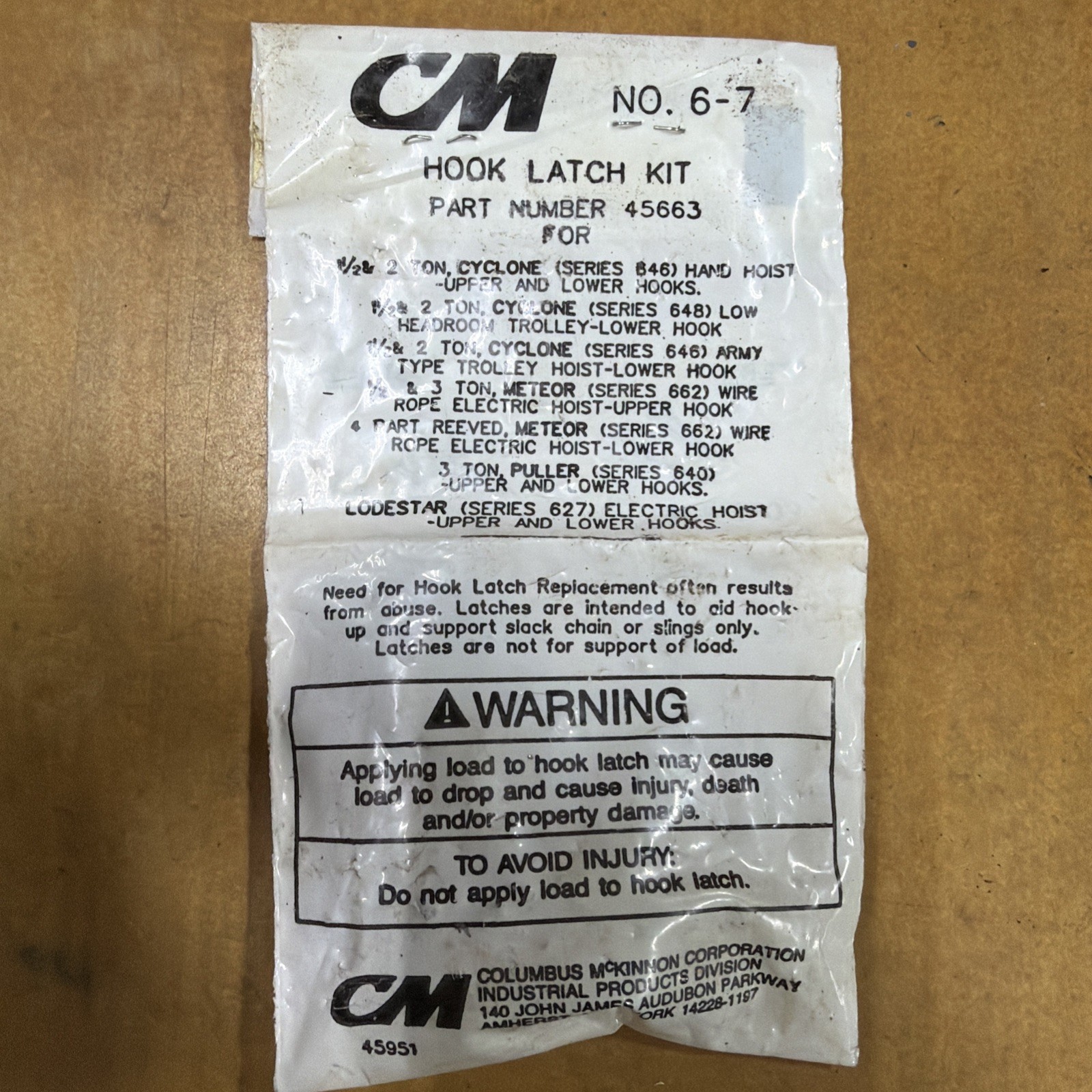 CM No. 6-7 - Part Number 45663 - Hook Latch Kit - New In Sealed Bag