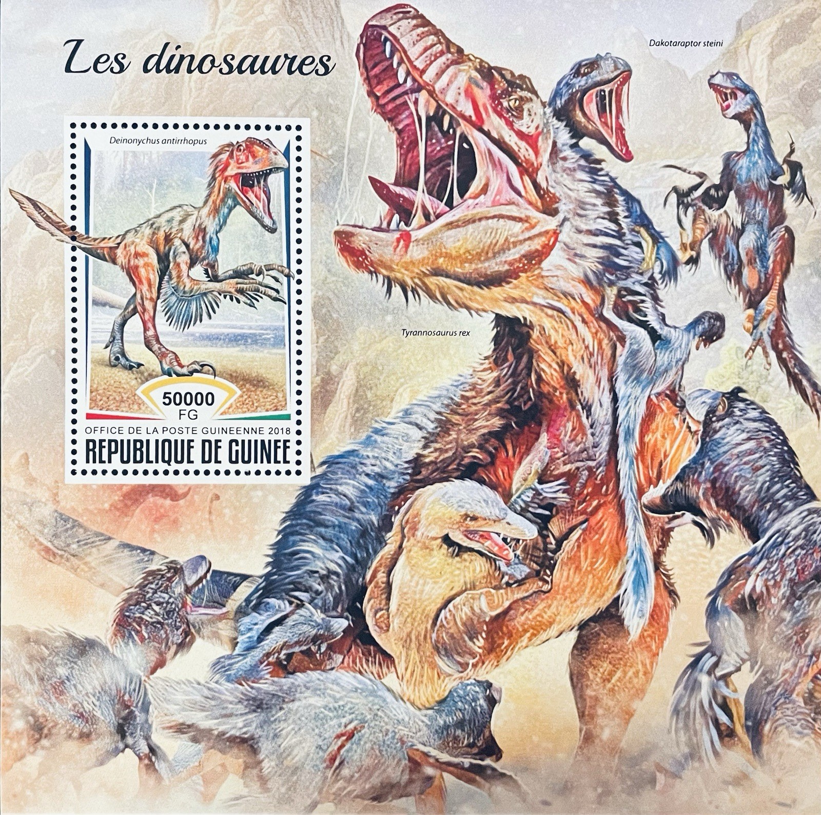 GUINEA DINOSAUR STAMPS 2018 MNH PREHISTORIC ANIMALS TYRANNOSAURUS DAKOTARAPTOR