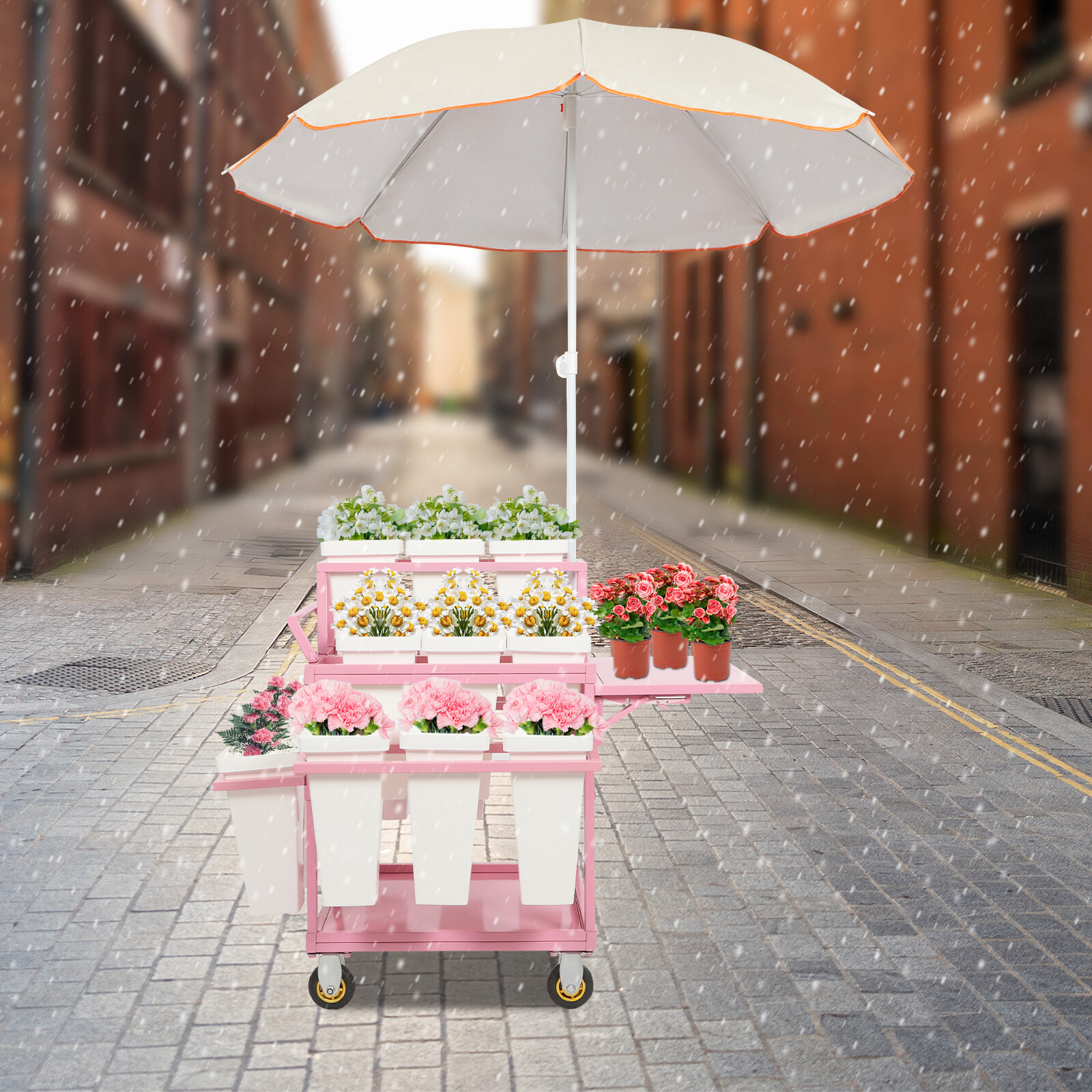 Metal Garden Cart Plant Stand Slide Out Rolling Flower Display Rack for Florist