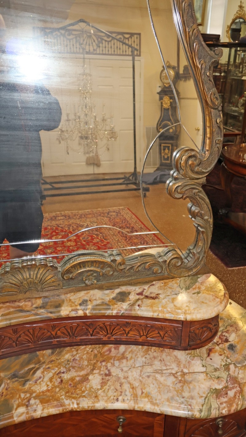 French Louis XV Style Inlaid Walnut Marble Top Etched Mirror Vanity Circa 1920's