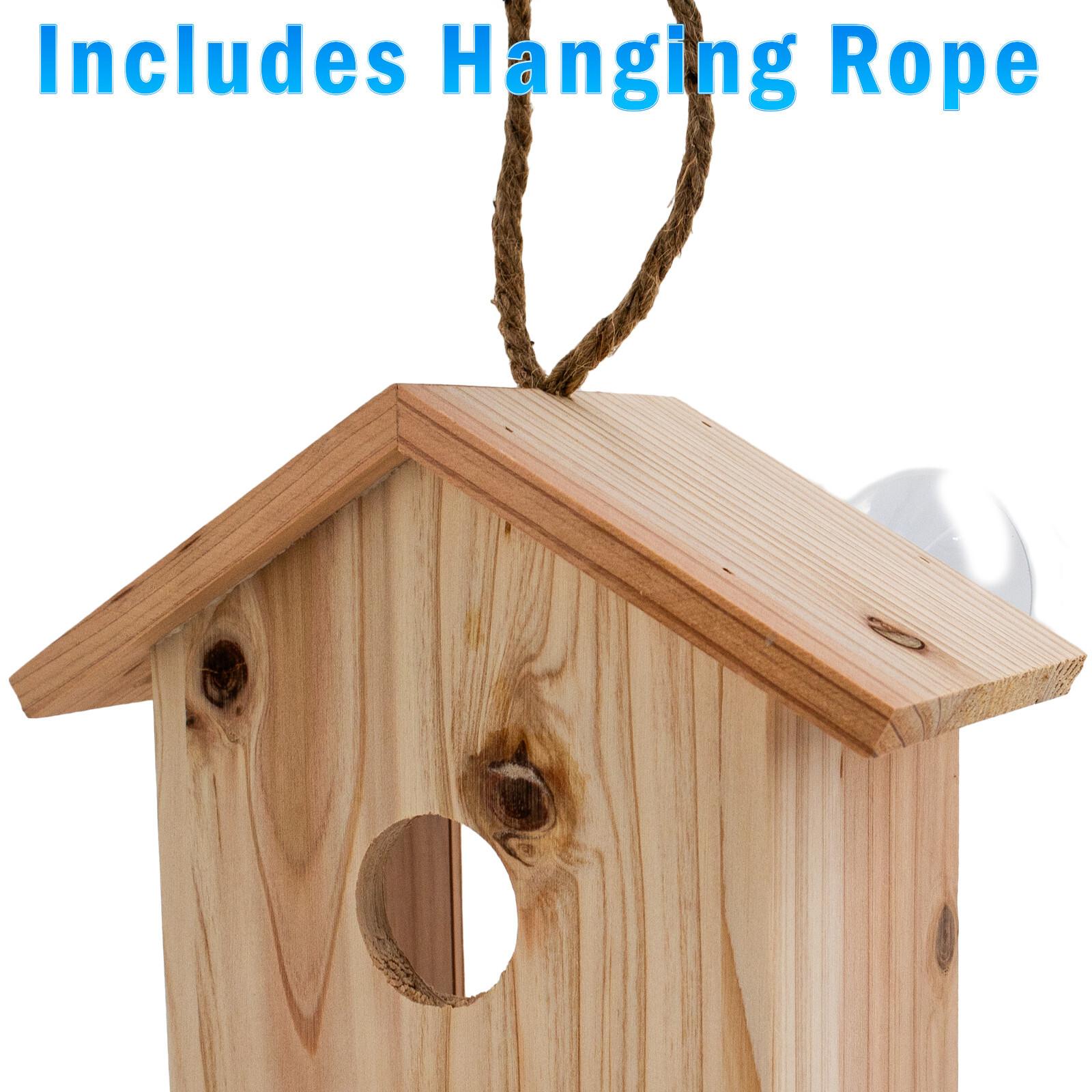 Wood Birdhouse See Through Window , Suction Cups, Lanyard Rope, Bird Nesting Box