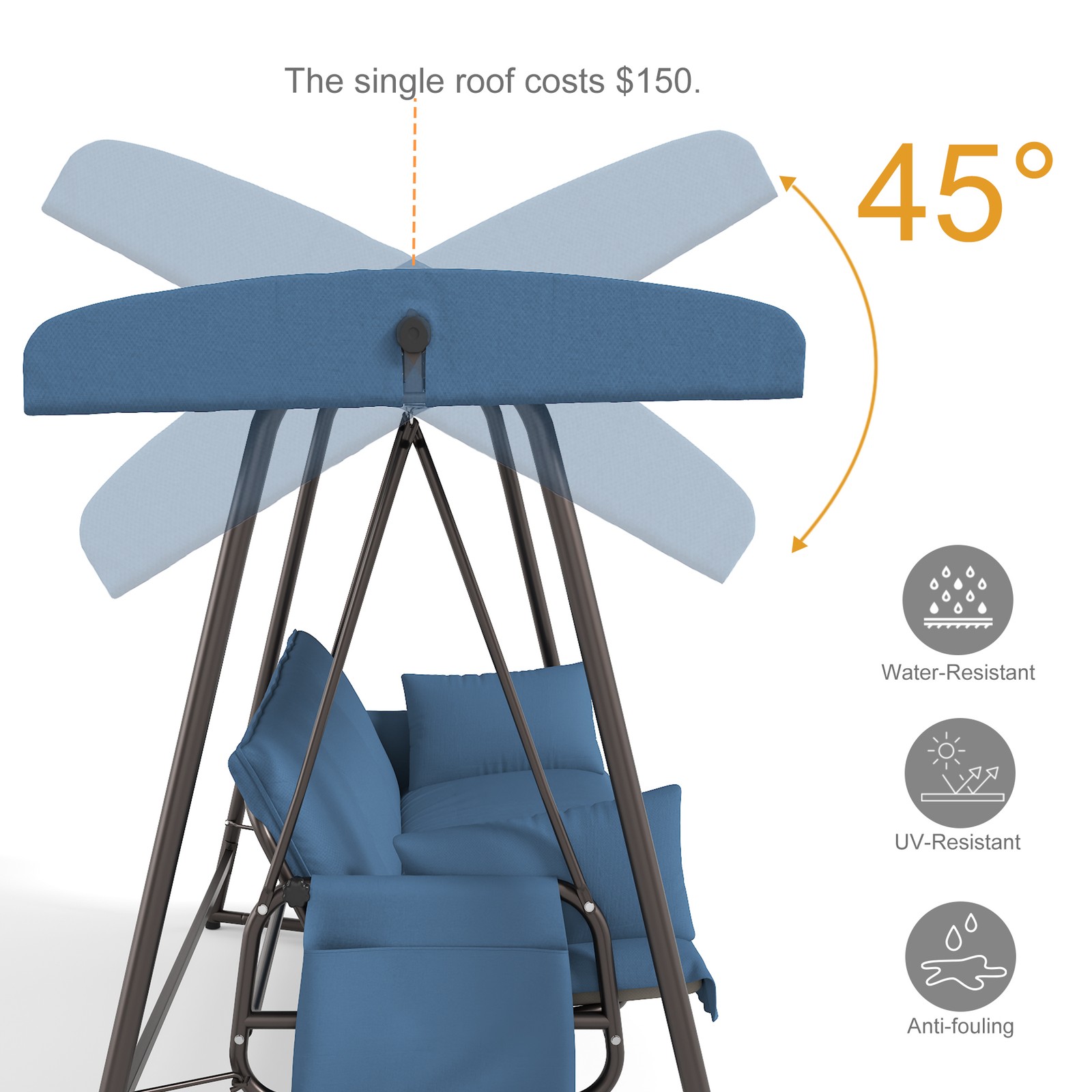 3-Seat Outdoor Patio Swing Bed with Adjustable Canopy Steel Frame Blue