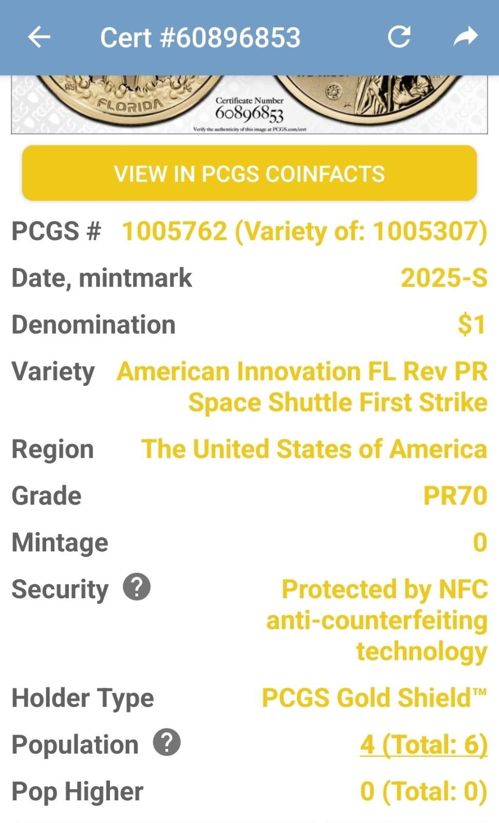 2025-S American Innovation $1 Reverse Proof PCGS PR70 FL Space Shuttle