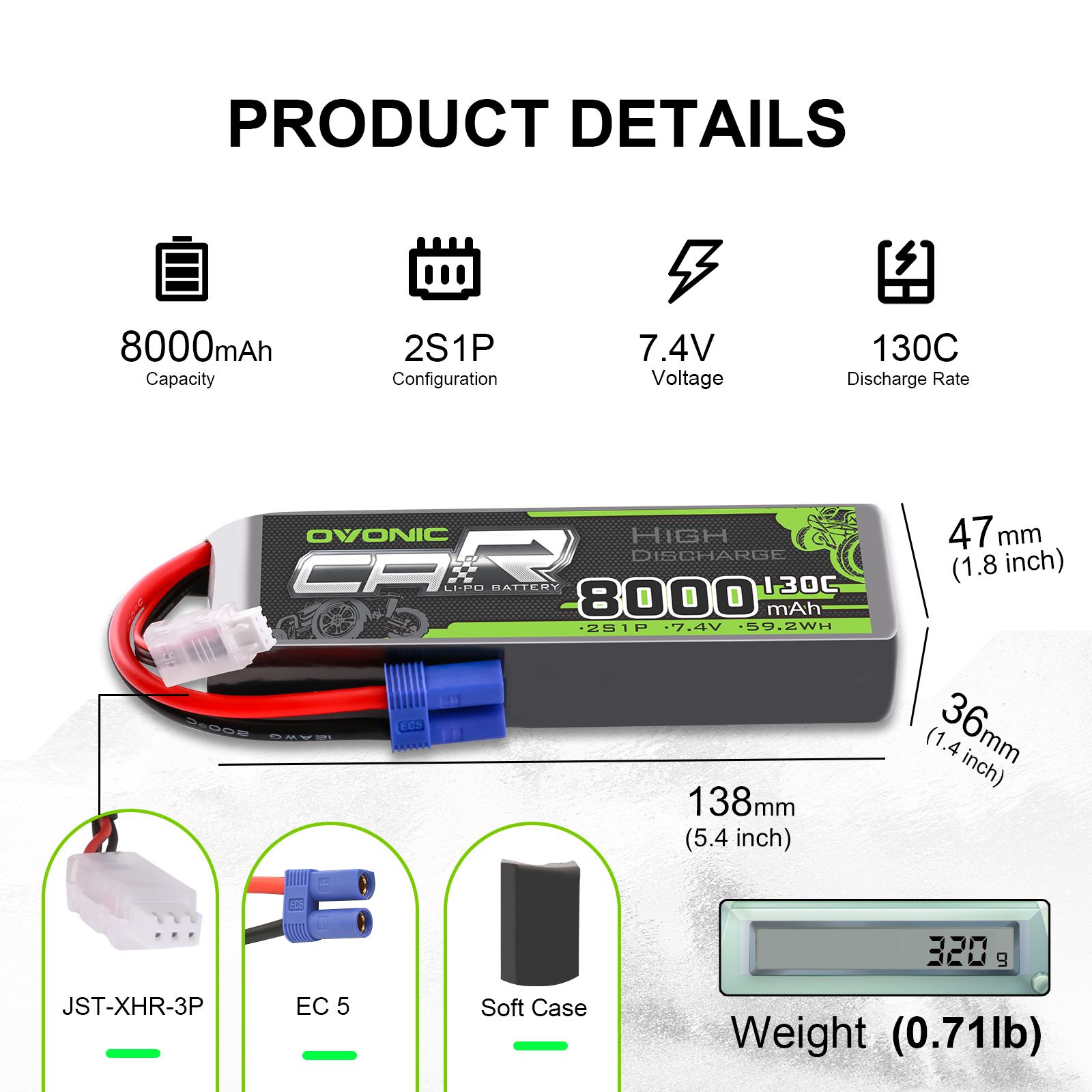2X Ovonic 7.4V 130C 8000mAh 2S LiPo Battery with EC5 for RC Vehicle ARRMA Losi