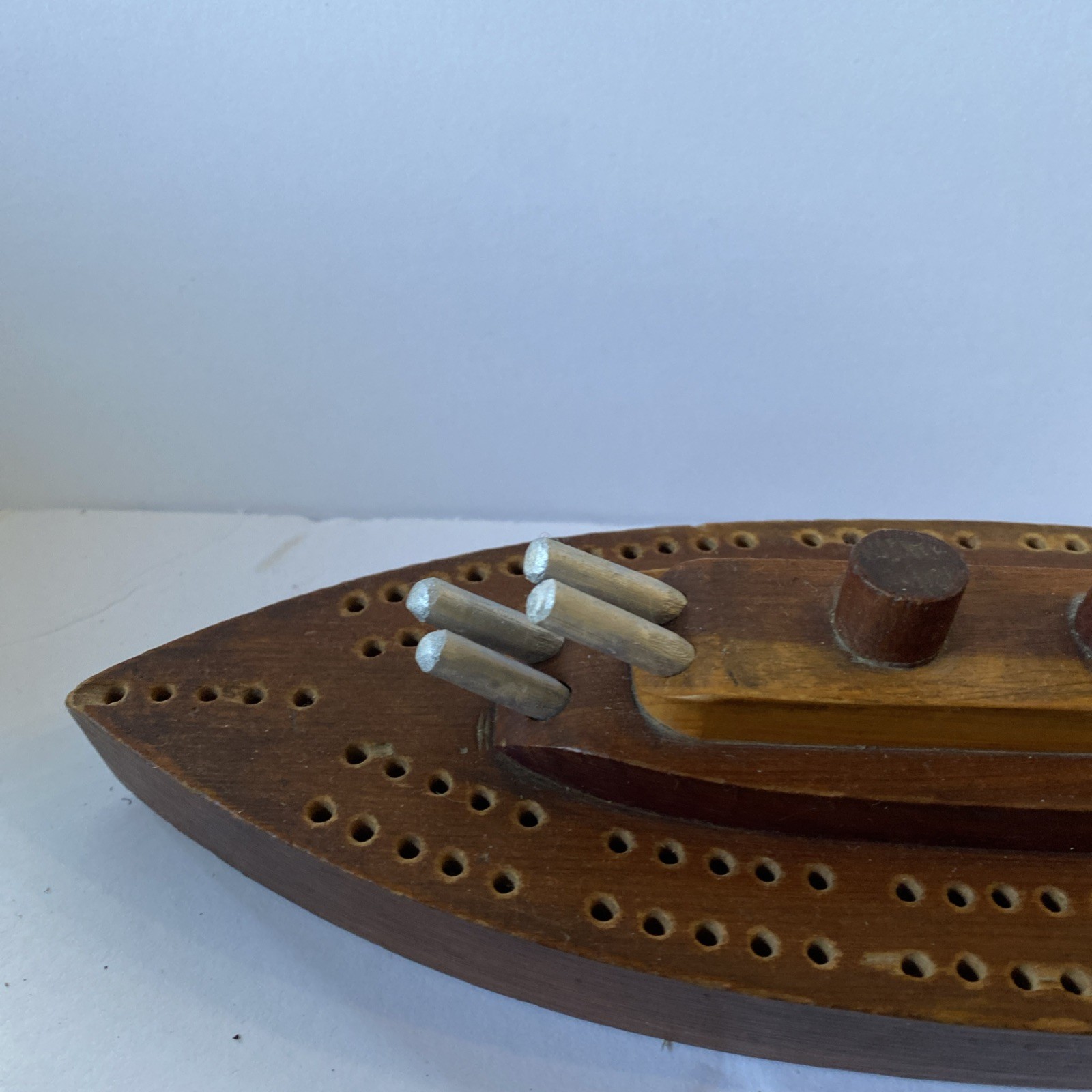 Vintage Folk Art WW2 Trench Art Battleship Cribbage Board Ship