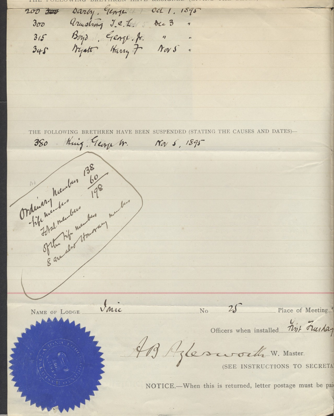 1895 1c Small Queen Circular Grand Lodge of Canada Hamilton Squared Circle