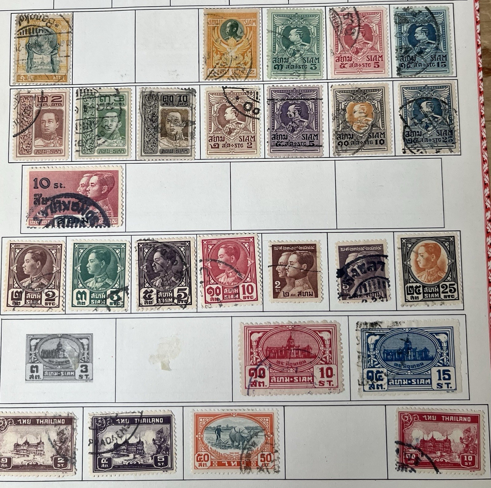 Thailand - Lot Of 34 Vintage Stamps On Old Album Page