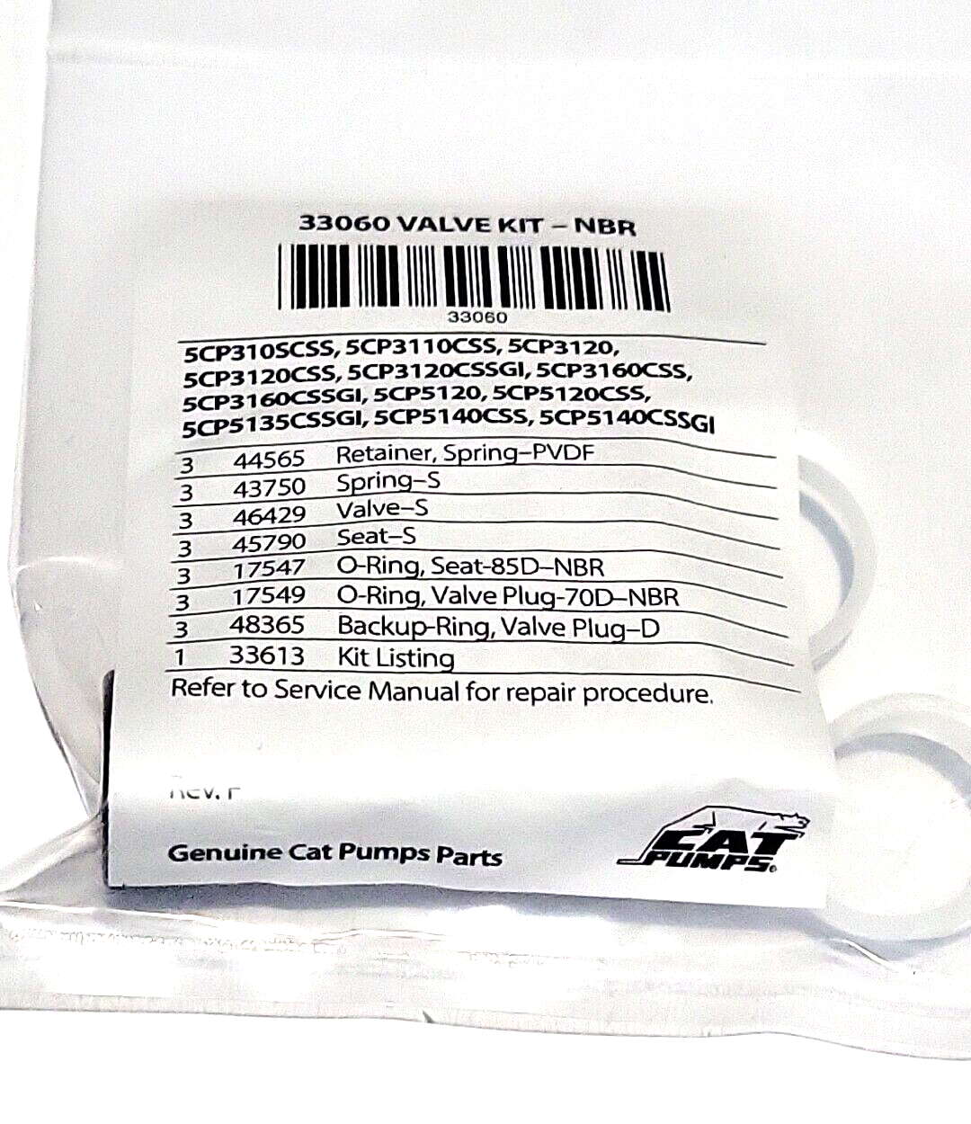 Cat Pumps 33060 VALVE KIT OEM for 5CP3120 - 5CP5120- 5CP5140 BE