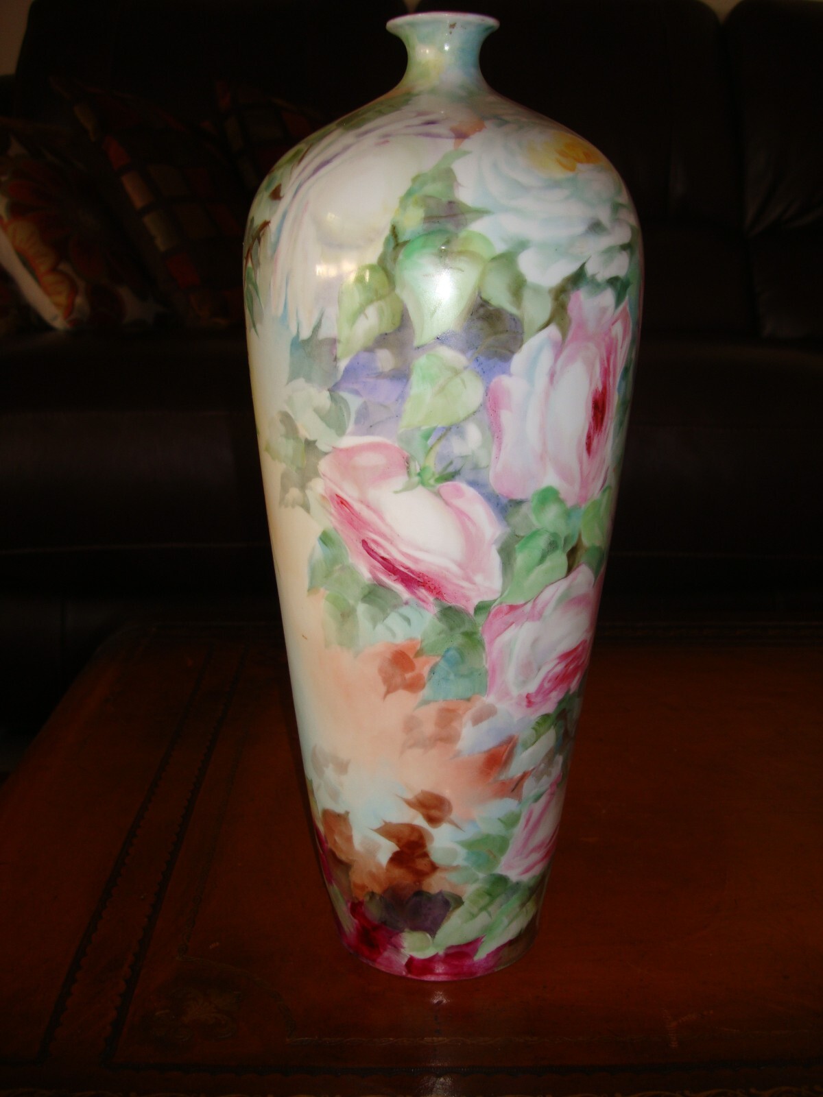 ANTIQUE HOHENZOLLERN GERMANY LARGE 14" HAND PAINTED PORCELAIN VASE, PINK ROSES