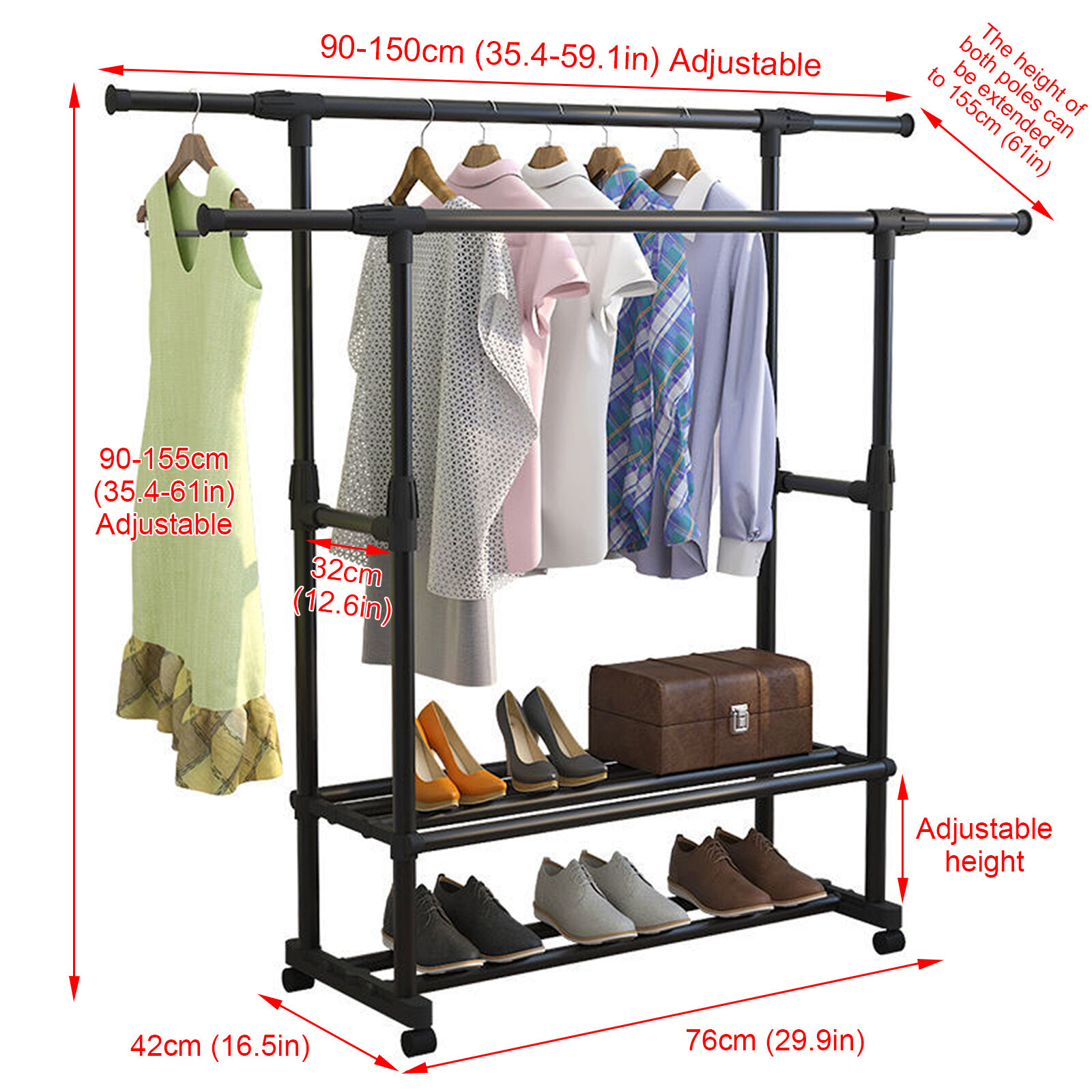 Heavy Duty Clothing Garment Rack Rolling Clothes Organizer Double Rails Hanging