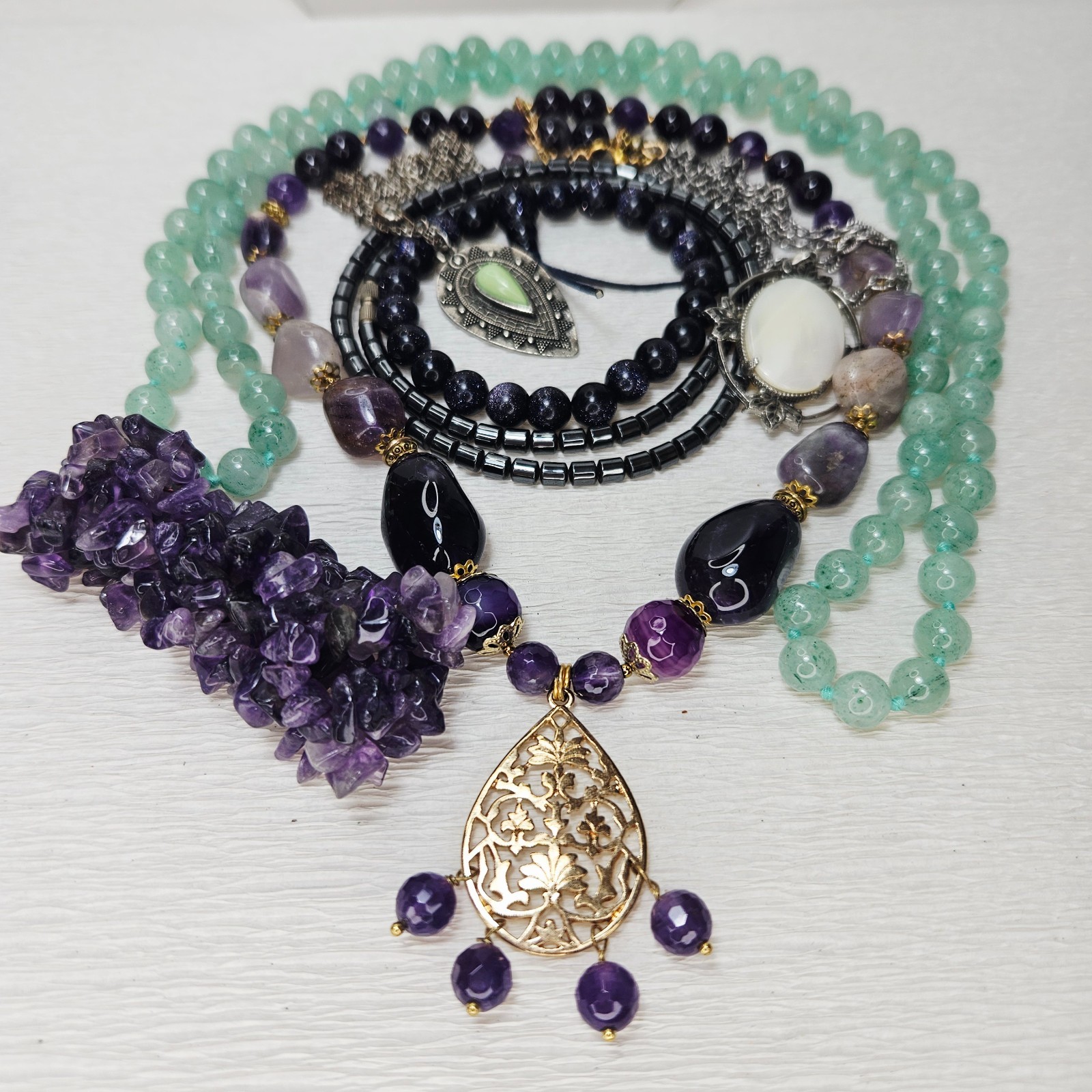 5 Gemstone Necklaces 2 Bracelets Amethyst Adventurine Hematite Blue Goldstone