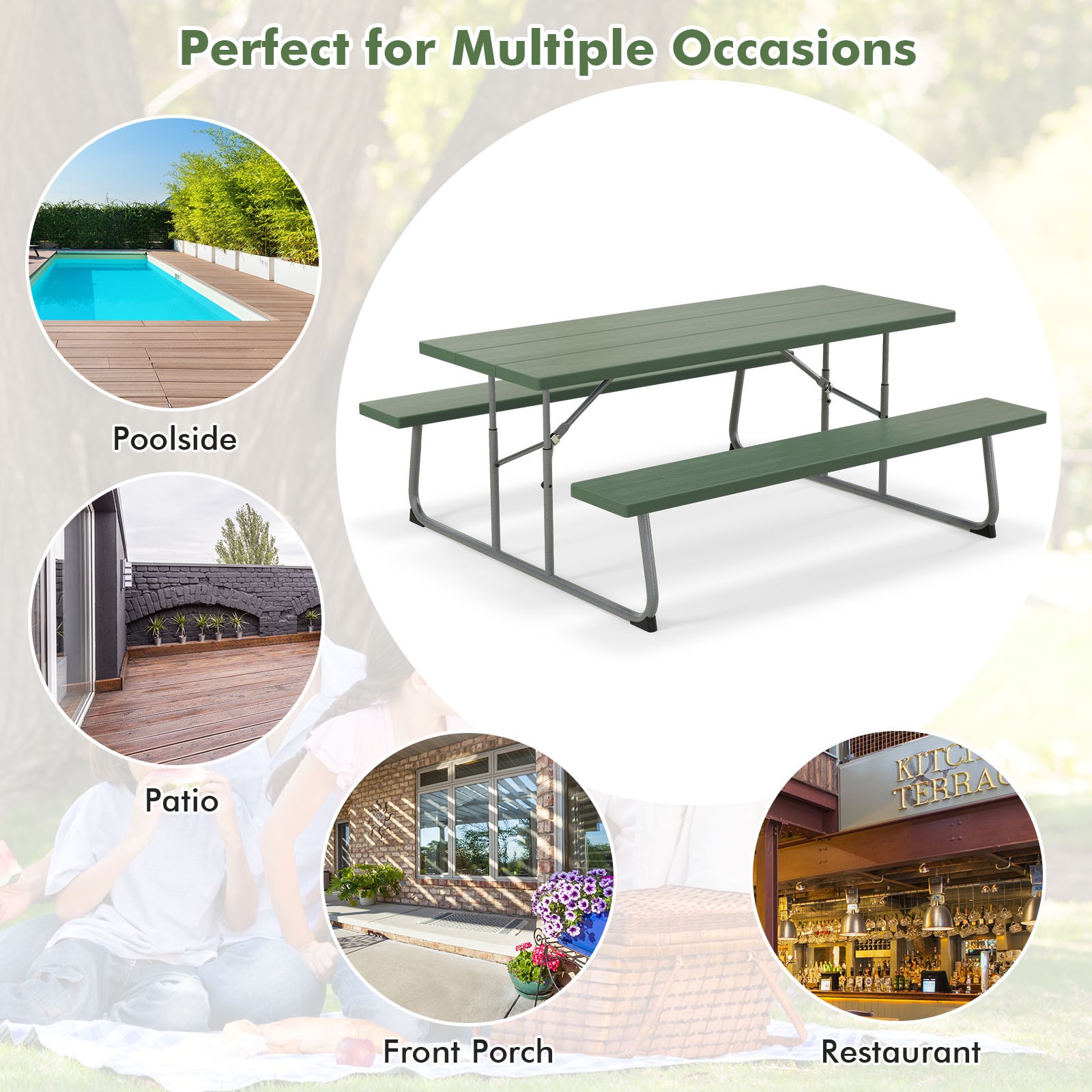Folding Picnic Table w/ 2 Benches All Weather Wood-like Tabletop Umbrella Hole