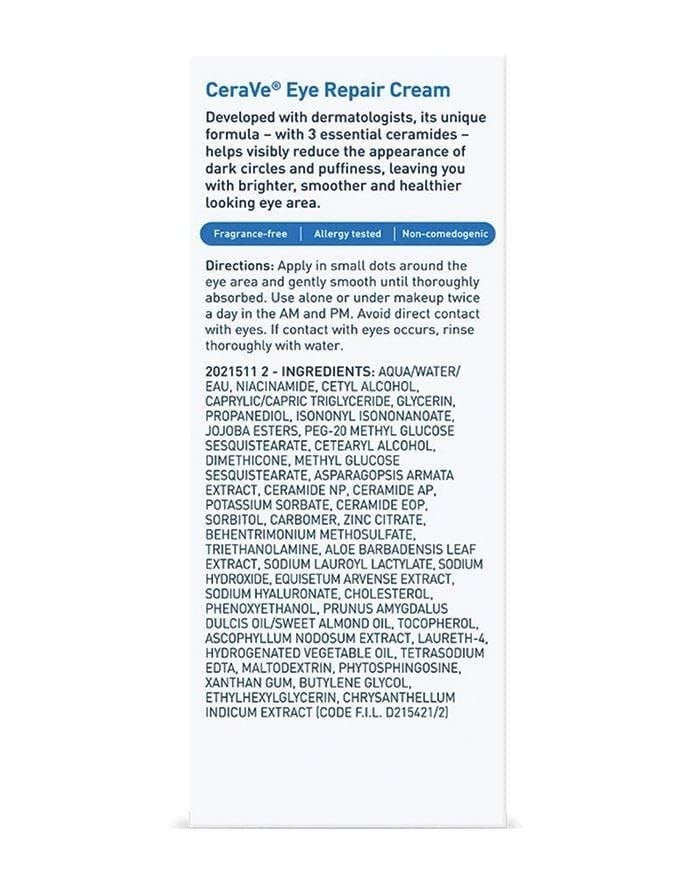 [2 PACK] CeraVe Eye Repair Cream for Dark Circles & Puffiness 0.5fl oz/14.2g