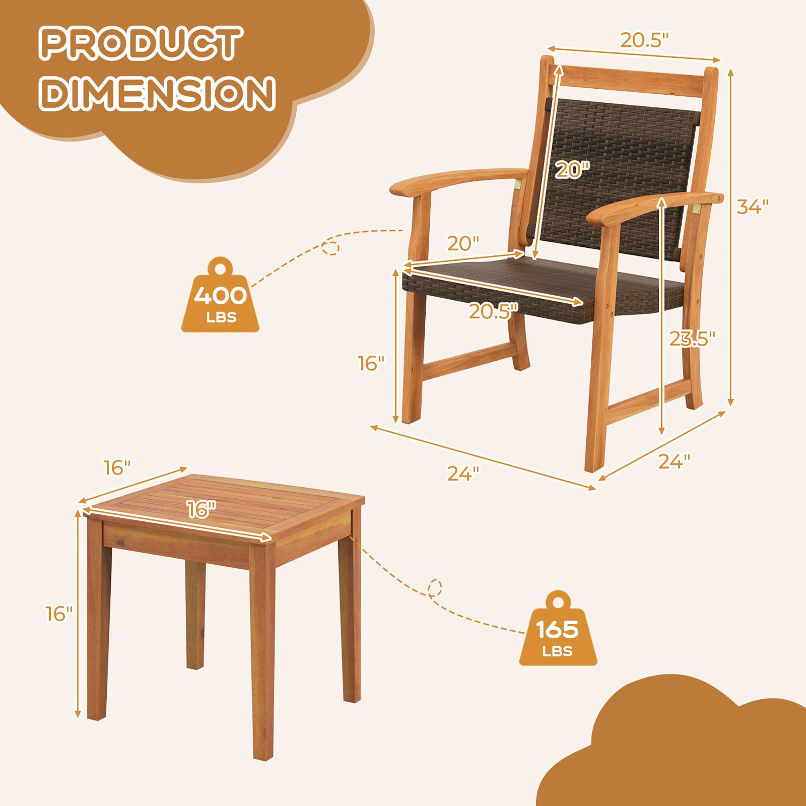 3PCS Patio Acacia Wood Rattan Bistro Set Outdoor Conversation Furniture Set