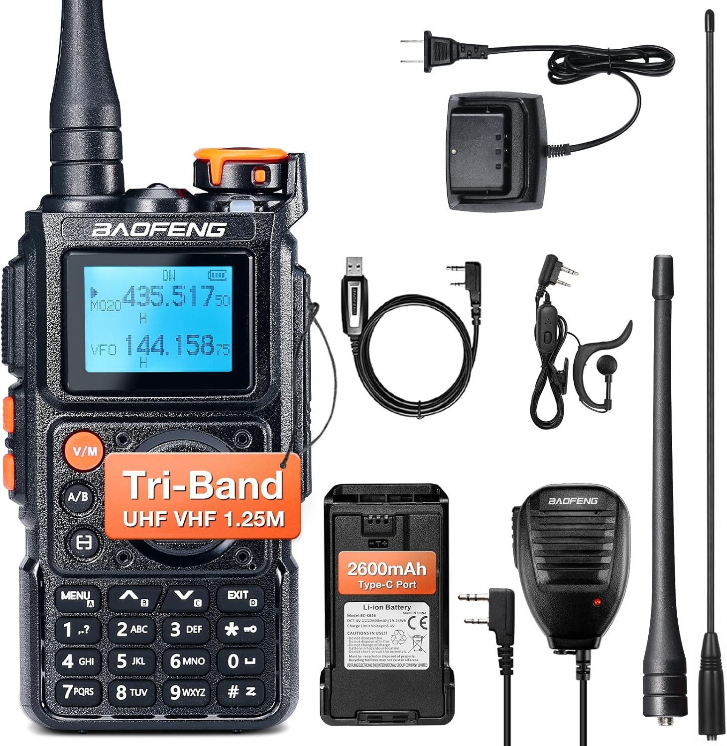 Baofeng K6 5W Tri-Band Ham Radio UHF/VHF/1.25M/NOAA/FM/Air Receiver Type-C 999CH