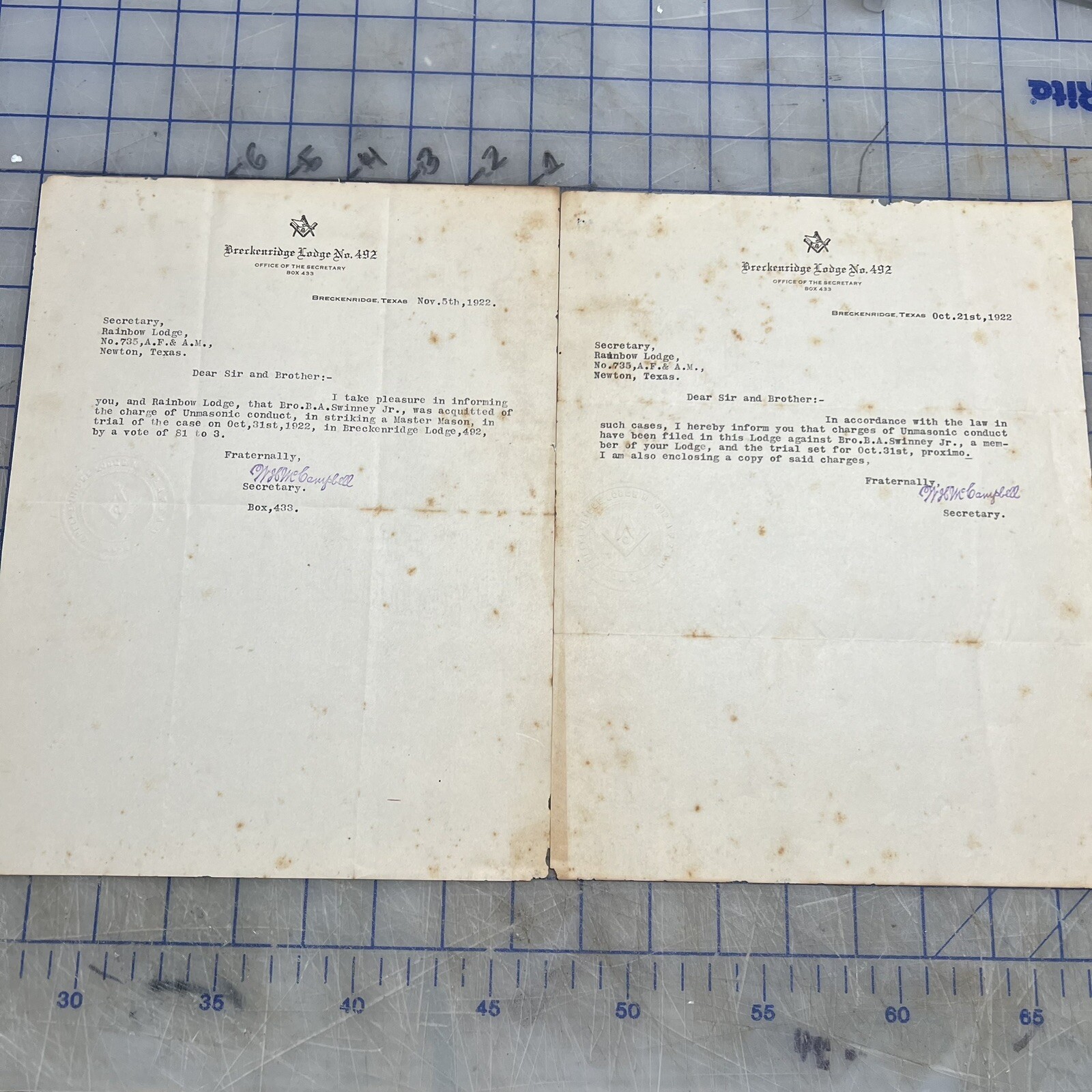 Freemasonry Letters Breckinridge Lodge 492 Unmasonic Conduct Texas 1922 Masonic