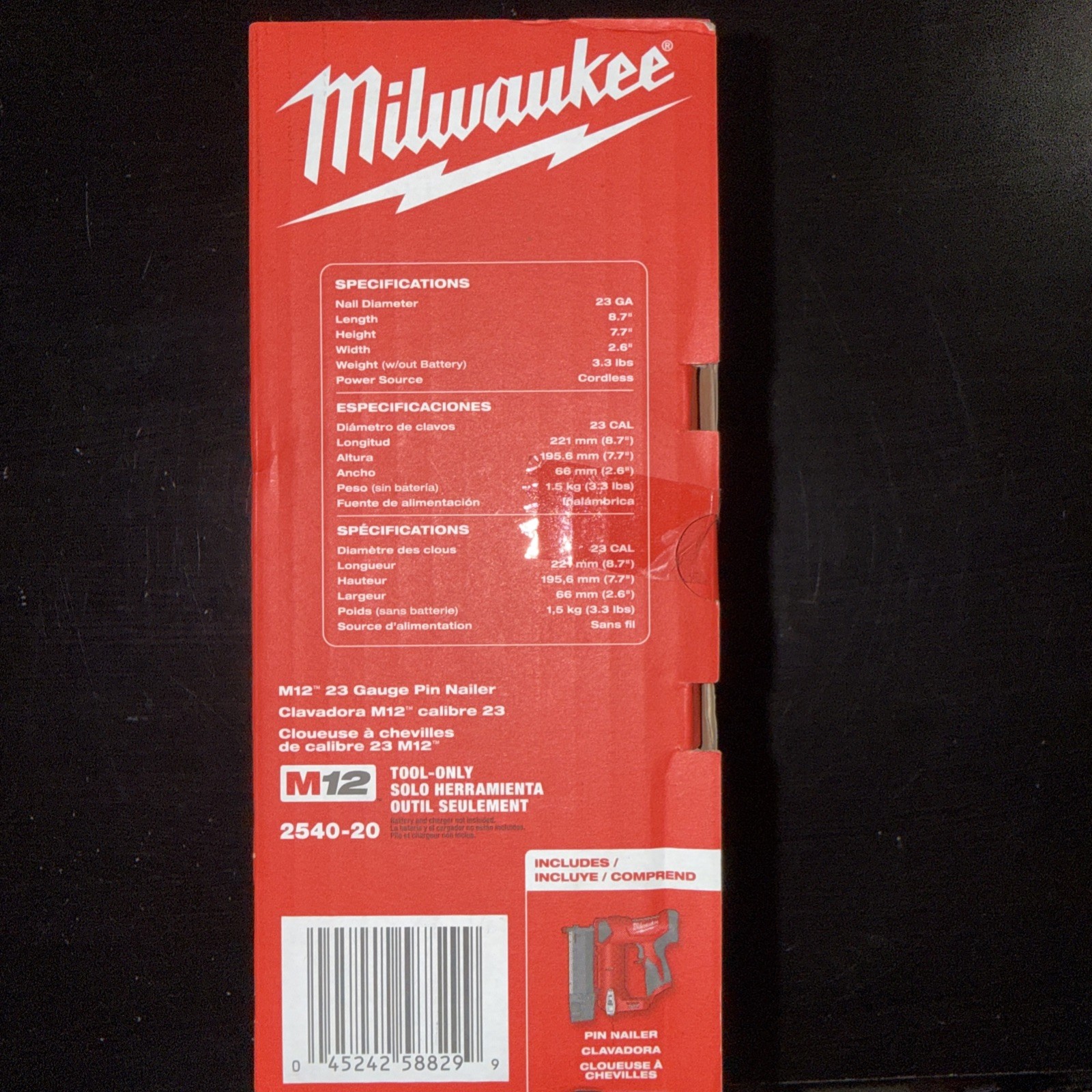Milwaukee 2540-20 M12 12V 23 Gauge Compact Cordless Pin Nailer - Tool Only New