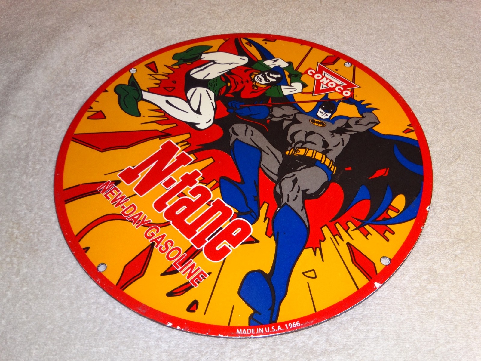 VINTAGE 1966 CONOCO GASOLINE W/ BATMAN & ROBIN 11 3/4" PORCELAIN METAL OIL SIGN!