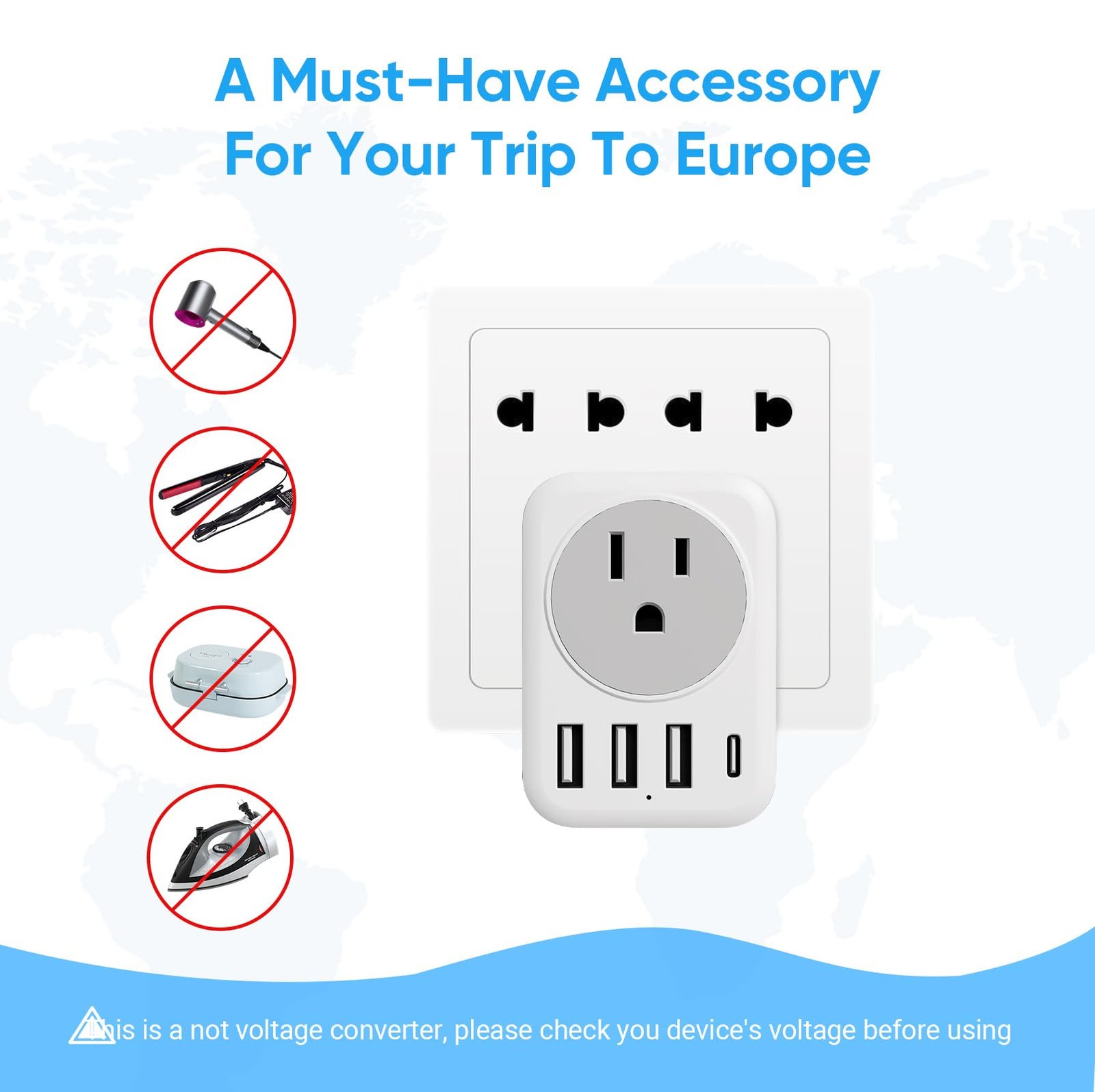European Travel Plug Adapter, RATEA International Power white gray