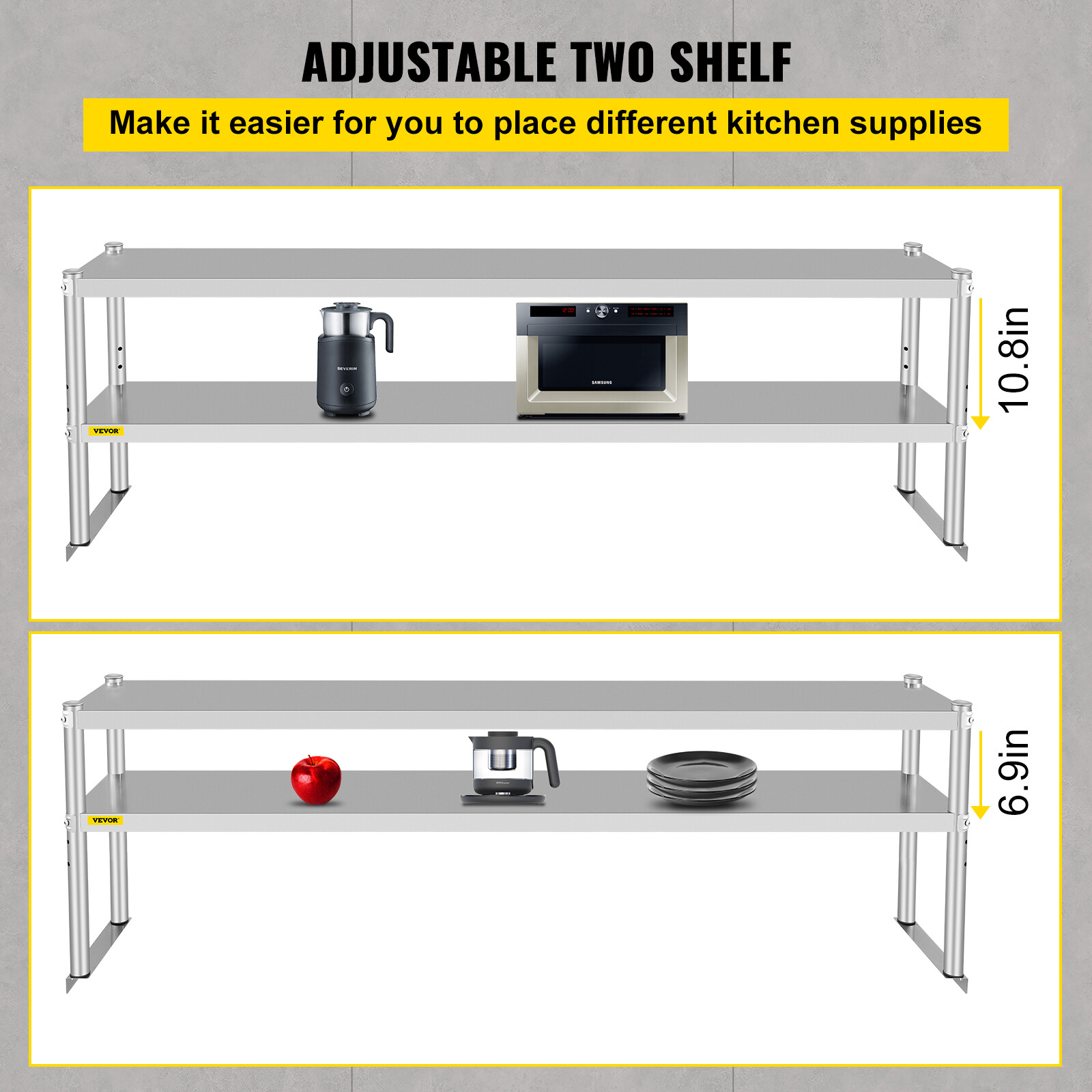 VEVOR Stainless Steel Commercial Wide Double Overshelf 72"X 12" for Prep Table