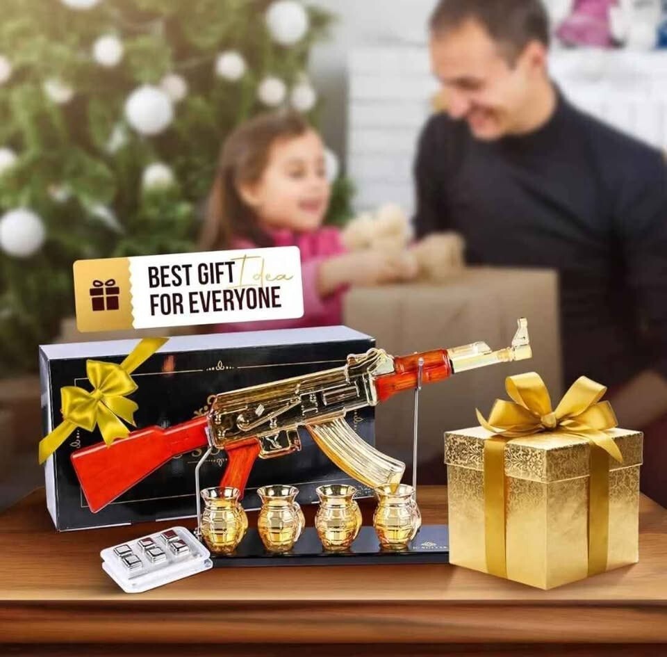 Luxury Gold AK47 Glass Gun Decanter with Grenade Glasses & Reusable Ice Cubes
