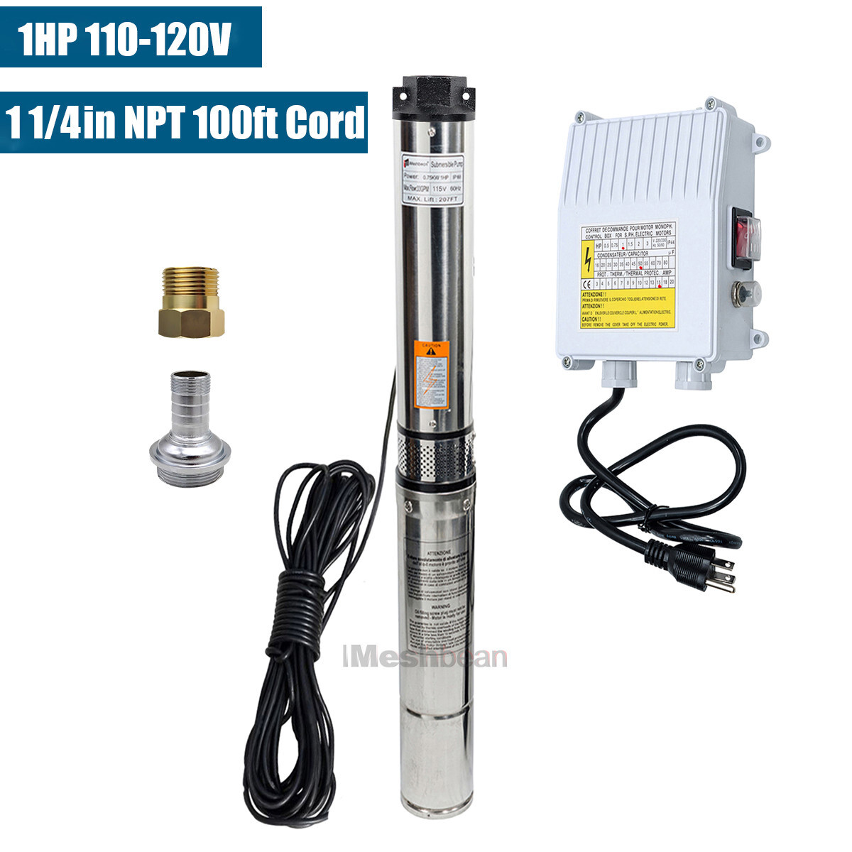 4" Deep Well Submersible Pump 1HP 110V 35GPM 266ft Max 100ft Cord w/Control box