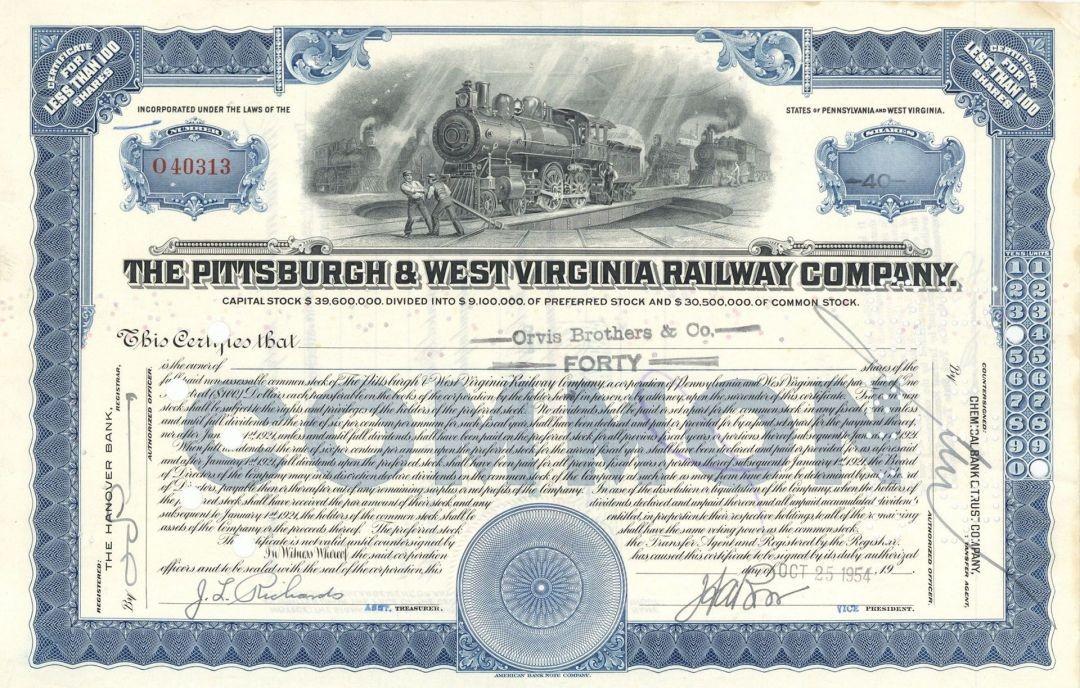 Pittsburgh and West Virginia Railway Co. - 1940's-50's dated Railroad Stock Ce