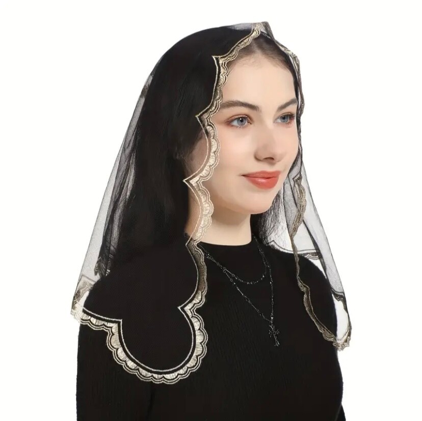 Head Veil Mantilla Catholic Church Veil Head Cover Our Lady Lourdes Embroidered
