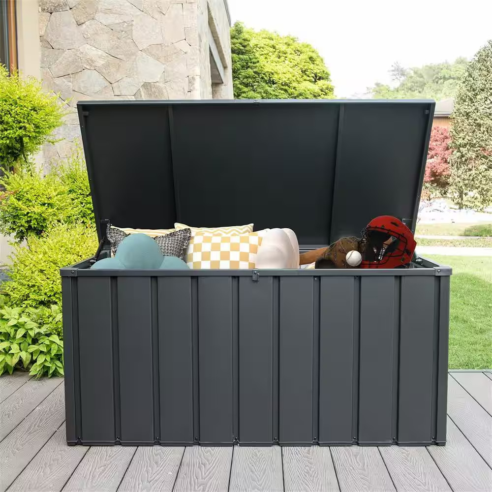 150 Gal. Dark Gray Steel Deck Box, Outdoor Waterproof Large Patio Storage Bin fo