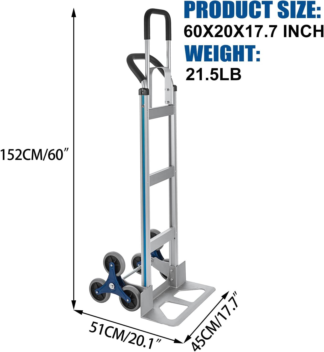 Stair Climbing Cart 650 lbs Capacity Aluminum Hand Truck Dolly with Dual Handles