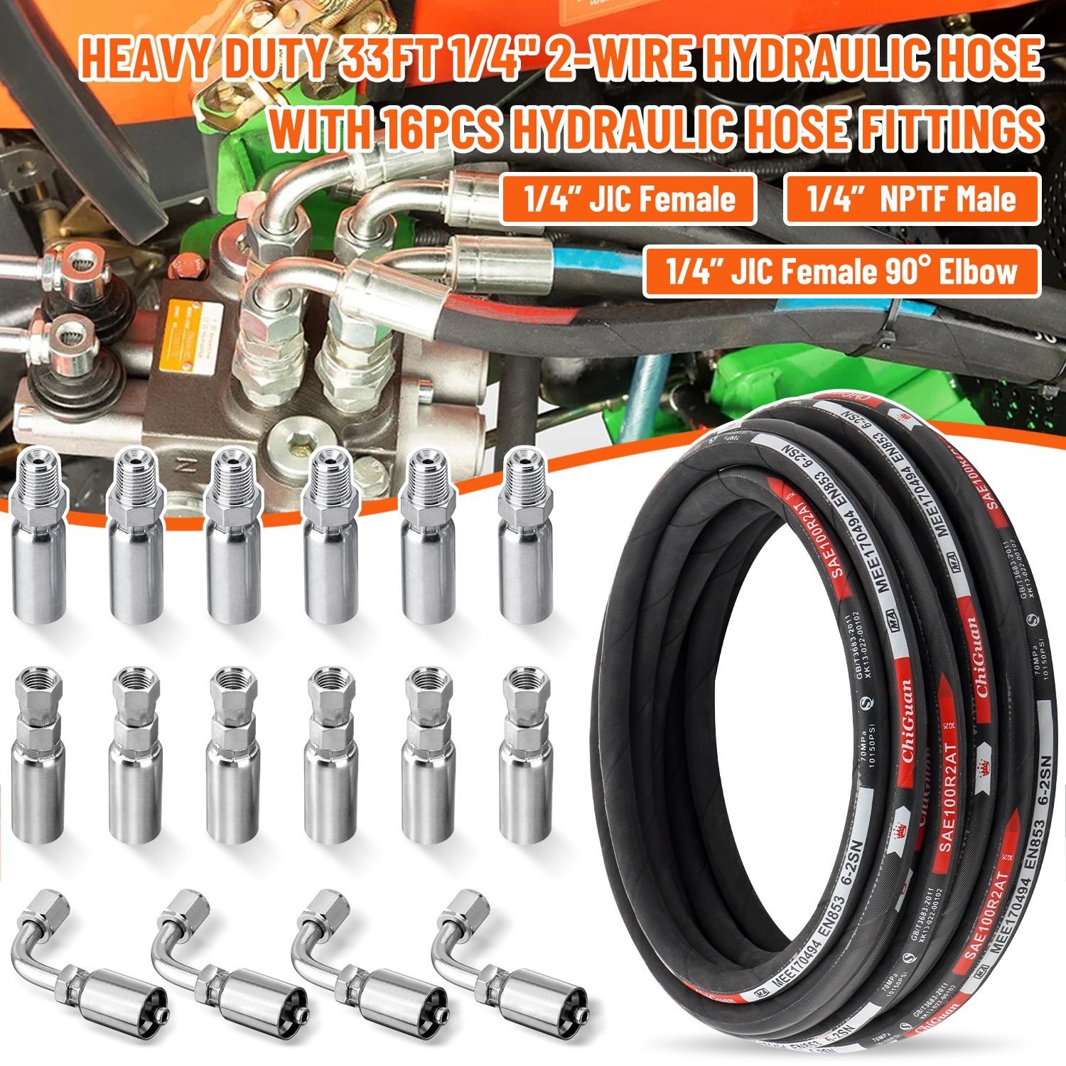 Hydraulic Hose Kit 33FT Hose + Straight & 90° 1/4" JIC & 1/4" NPTF Male Fittings