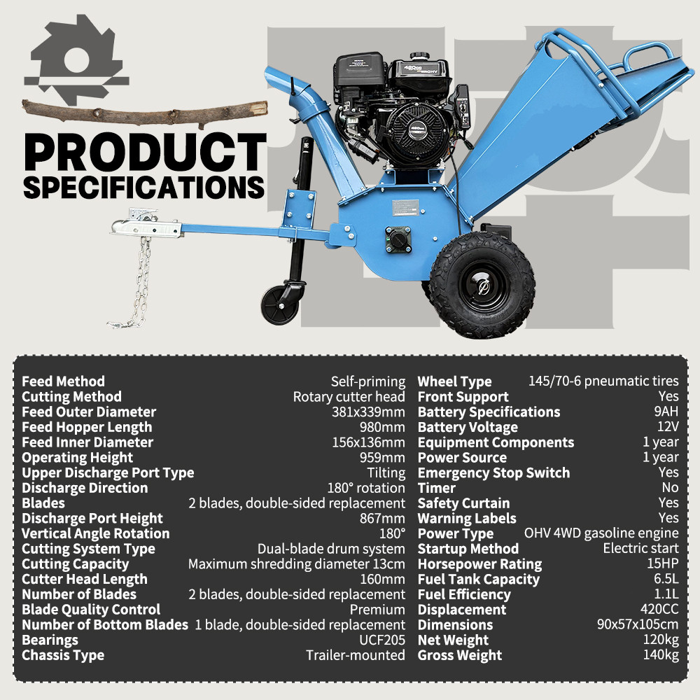 420cc 15hp Gas Powered E-start 5'' Wood Chipper With Towbar USA STOCK FREE SHIP