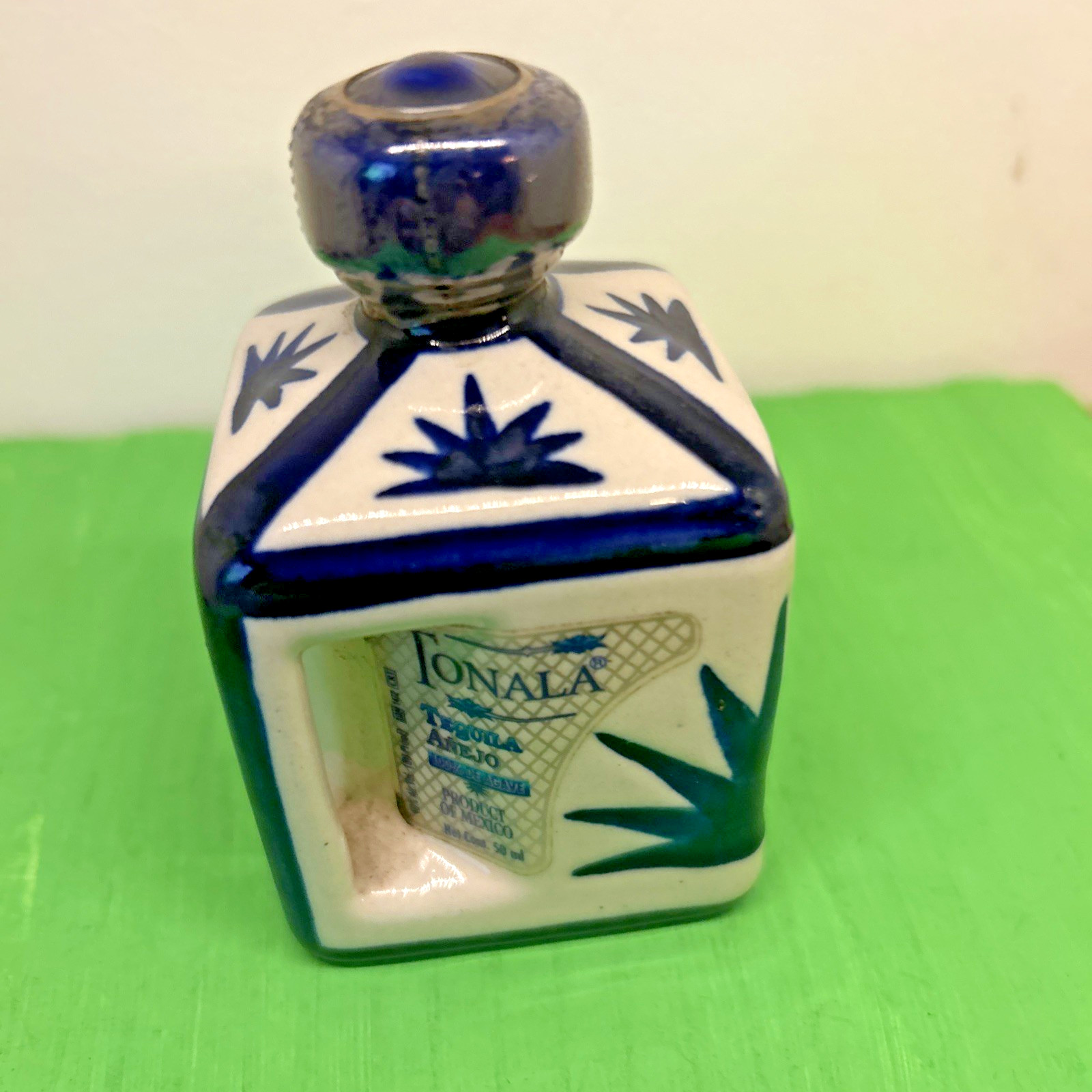 VTG Tonala Tequila Bottle Small White Blue 3" Tall Mexico Miniature "Empty"