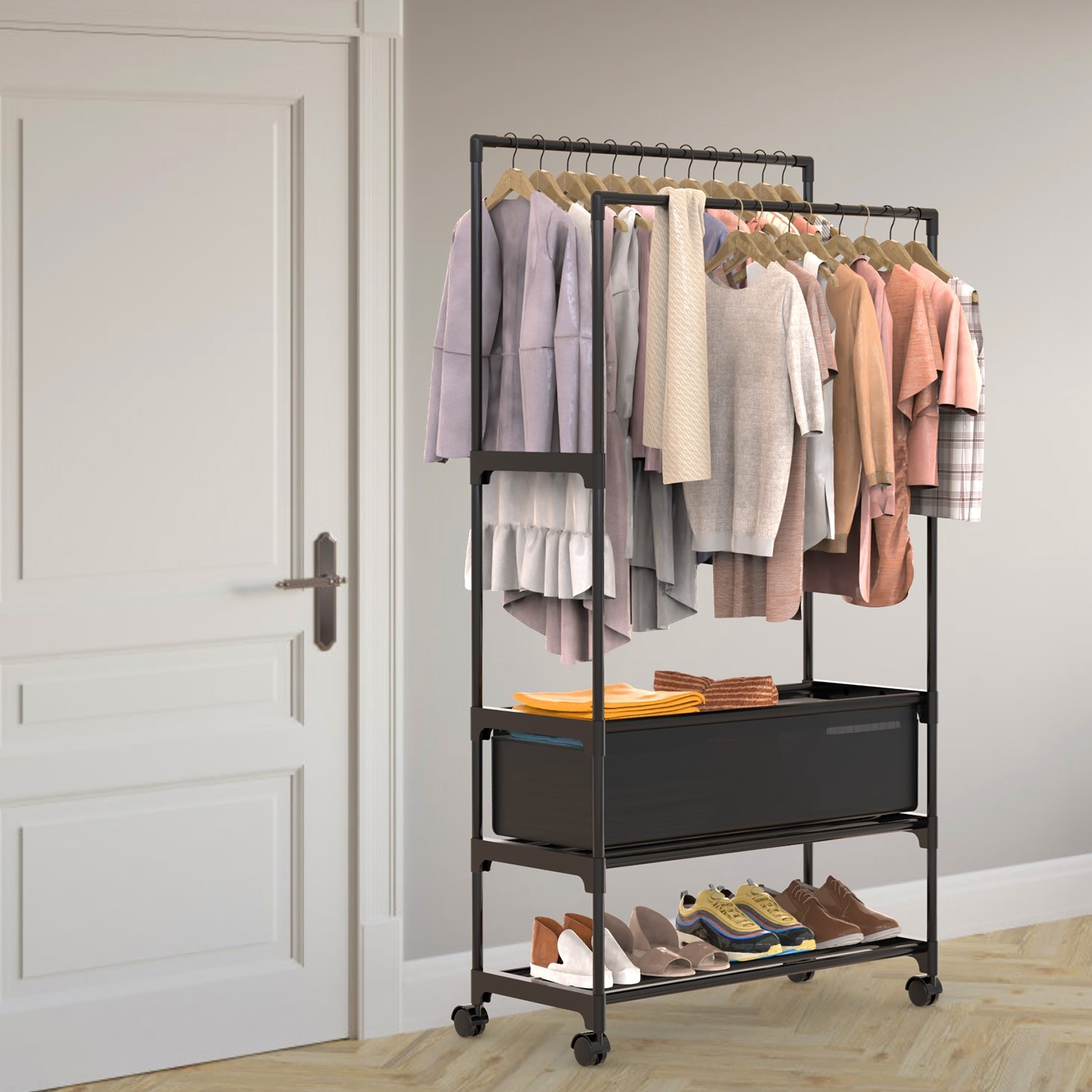 3-Tiered Garment Rack w/ Storage Bag Rolling Clothes Organizer Dual Rods Hanging