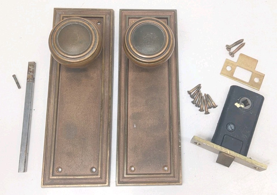 Heavy Brass 1920s Art Deco Corbin Set Door Knobs, Plates, Mortise MORE AVAILABLE