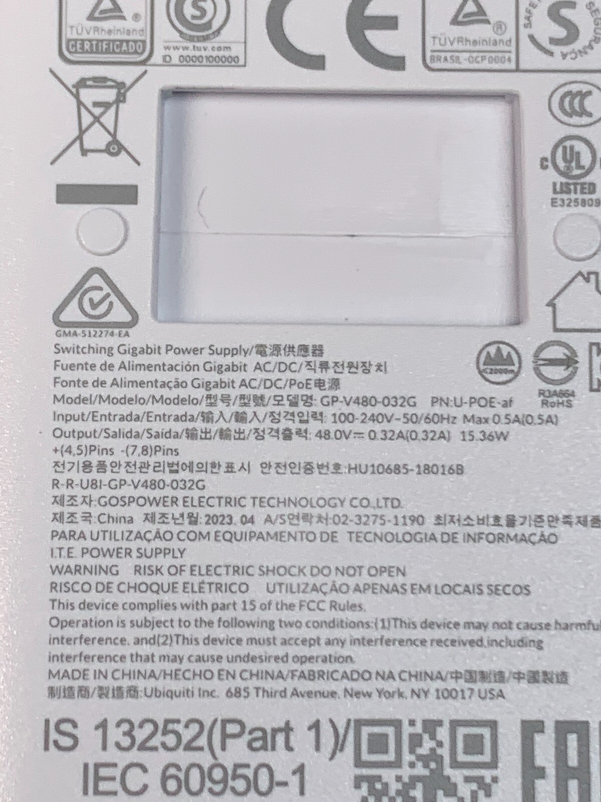 Ubiquiti Unifi U-POE-AF 48V POE Injector GIGABIT Power Supply GP-V480-032G