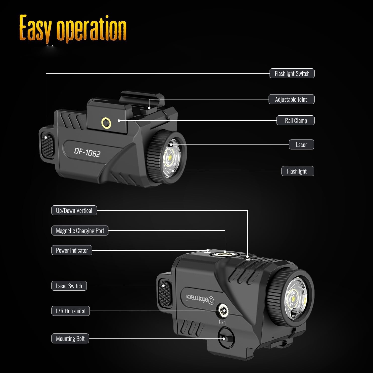 DEFENTAC Magnetic Charging 600lm Flashlight & Red Laser Sight for Picatinny Rail