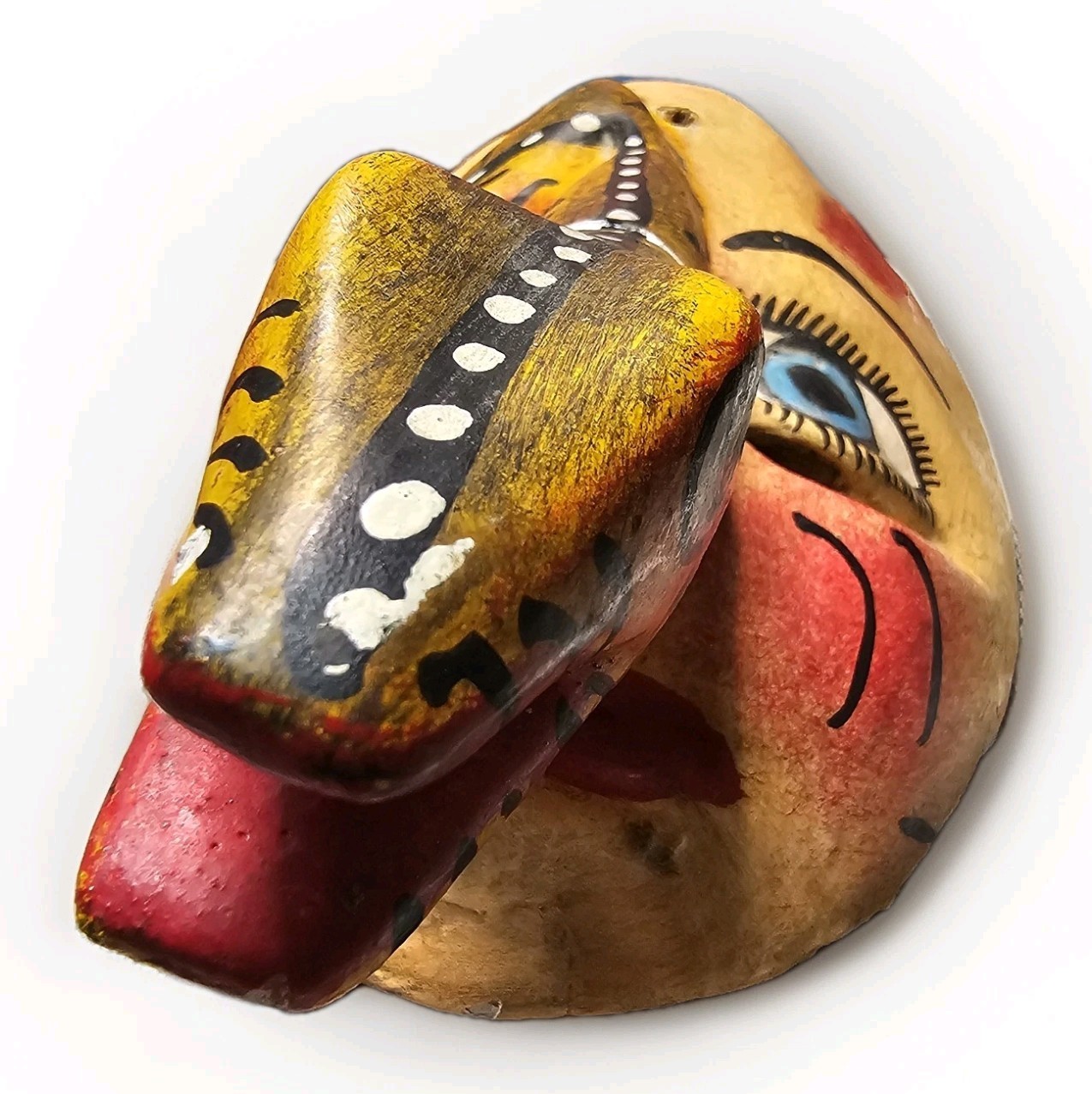 Vintage Wooden Snake Man Animal Mask Mexican Folk Art Hand Carved Hand Painted