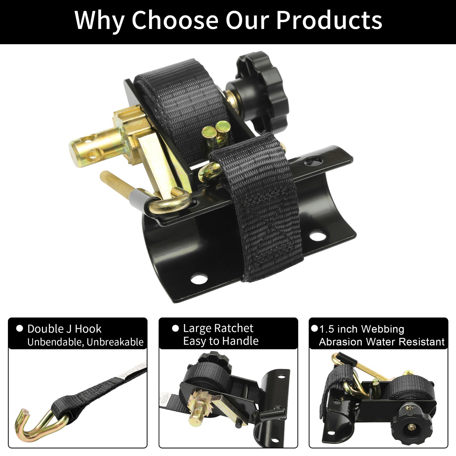 4x Ladder Rack Ratchet Straps w/ J-Hook 1.5"x7.5' Black Retractable Ratchet Tie