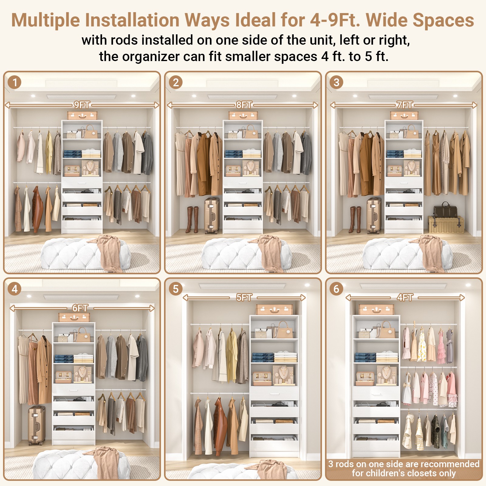 4-9Ft Closet Organizer with 4 Drawers and Hanging Rods, Walk-in Closet System