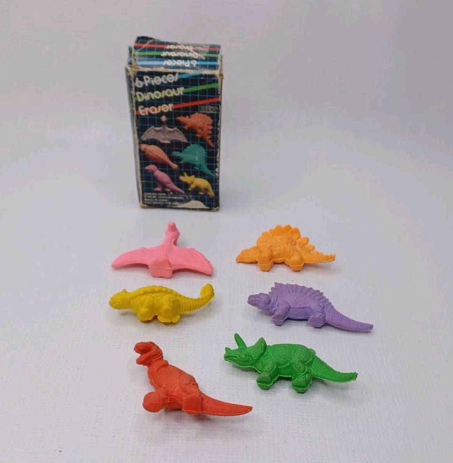 Rubber Dinosaur Eraser Set 6 Pieces Erasers With Box Vintage 1978 Emson